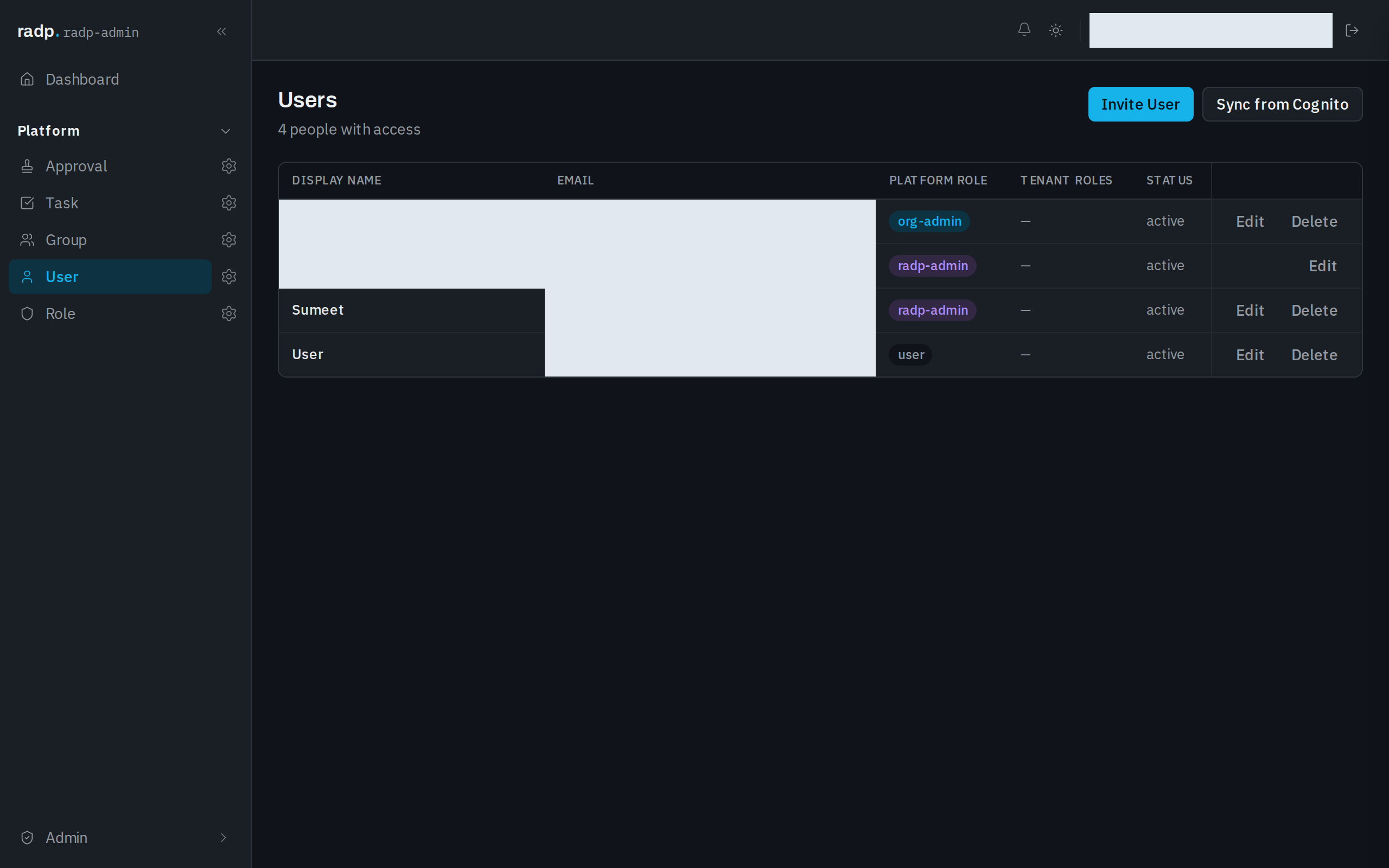 The Users screen, showing the Platform role and Tenant roles columns