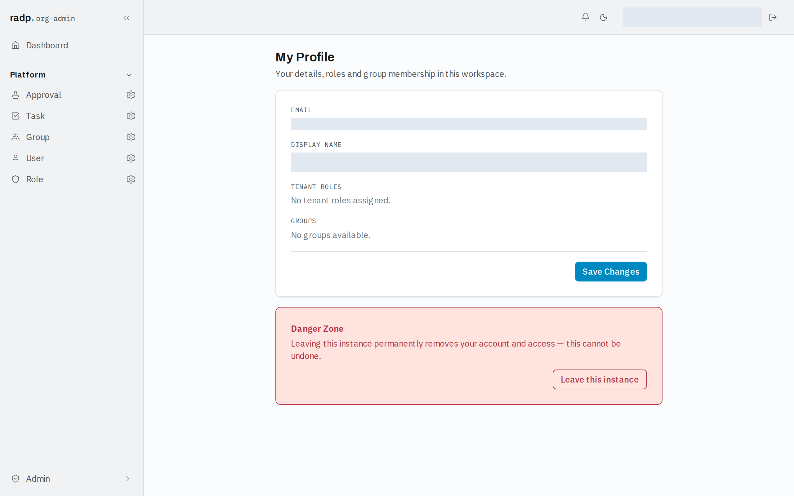 My Profile, showing tenant roles and group membership
