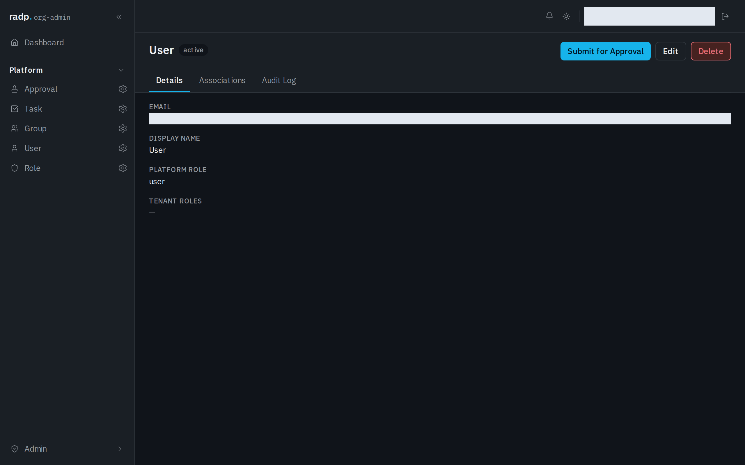 A user record showing its platform role and tenant roles