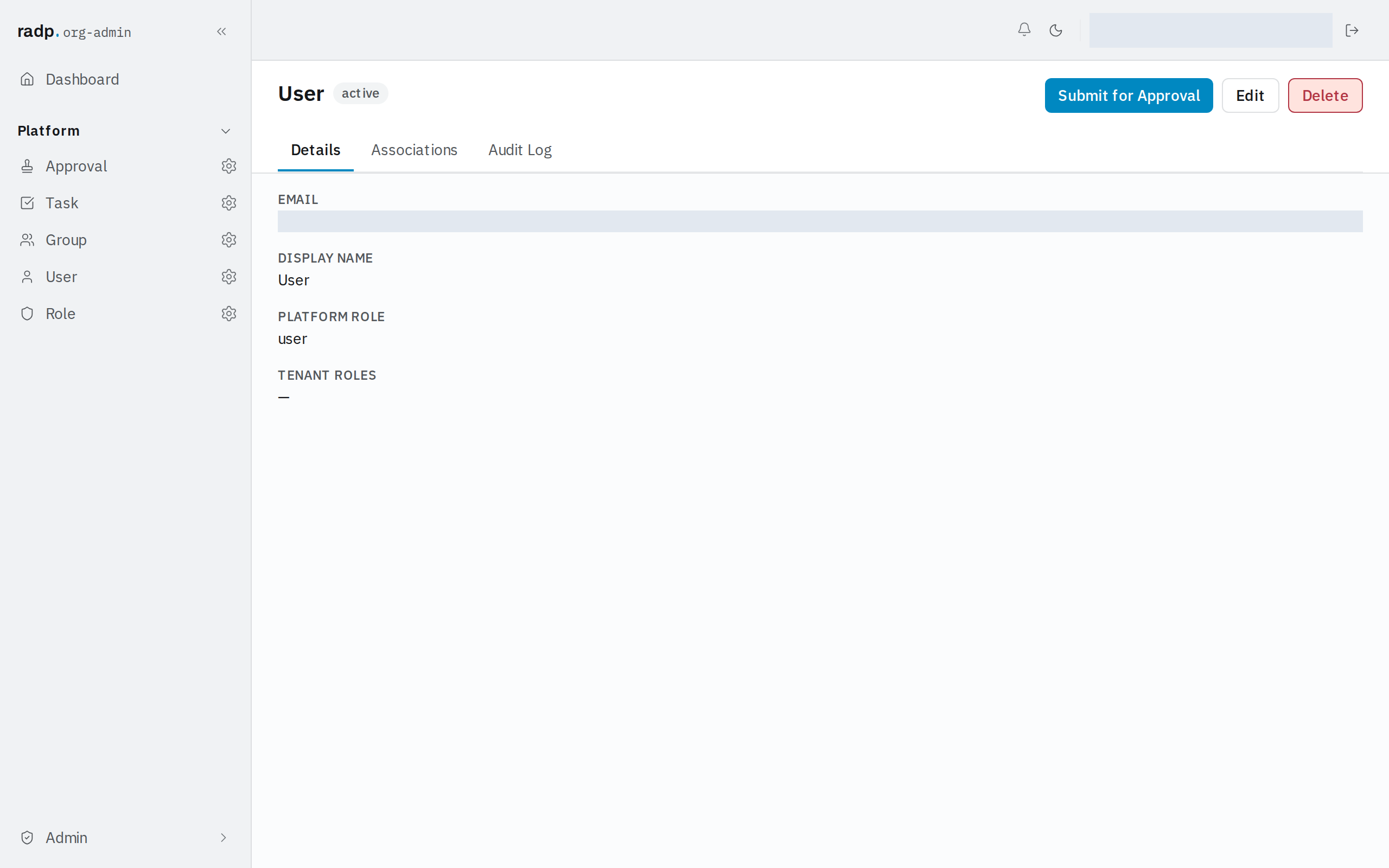 A user record showing its platform role and tenant roles