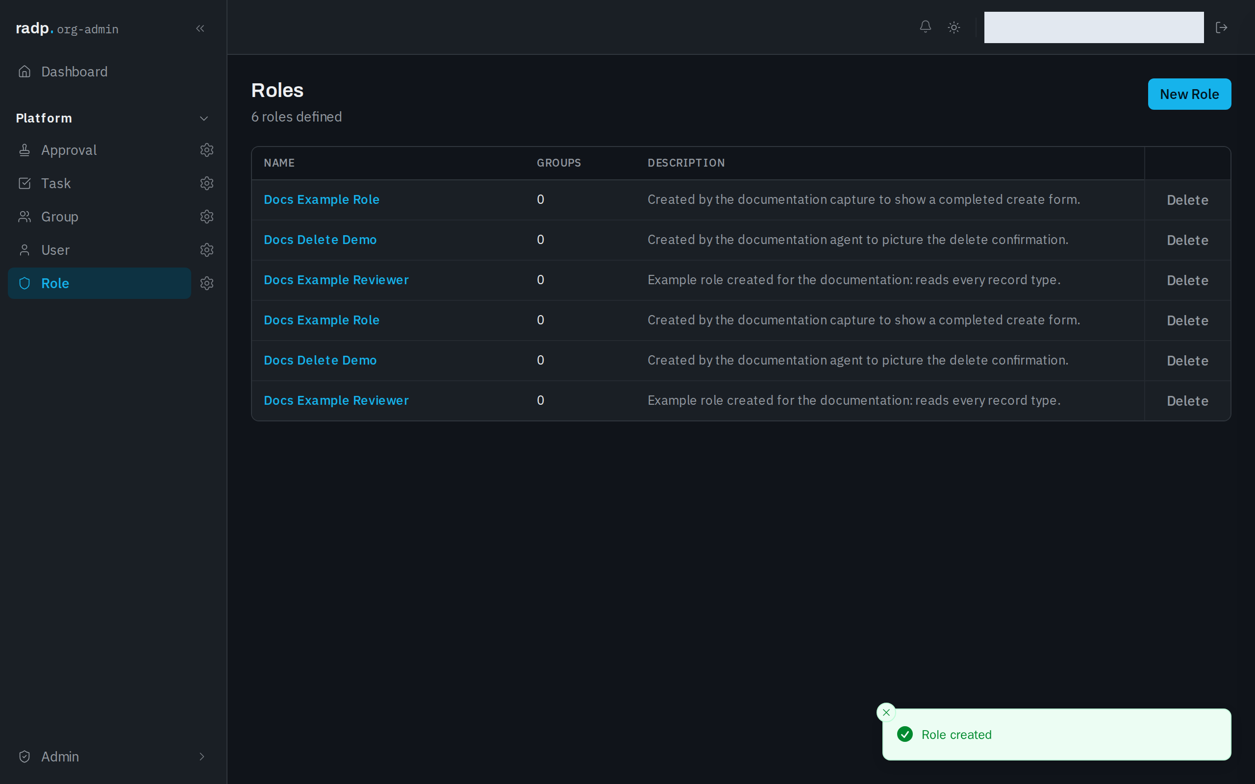 The Roles list after a role has been created