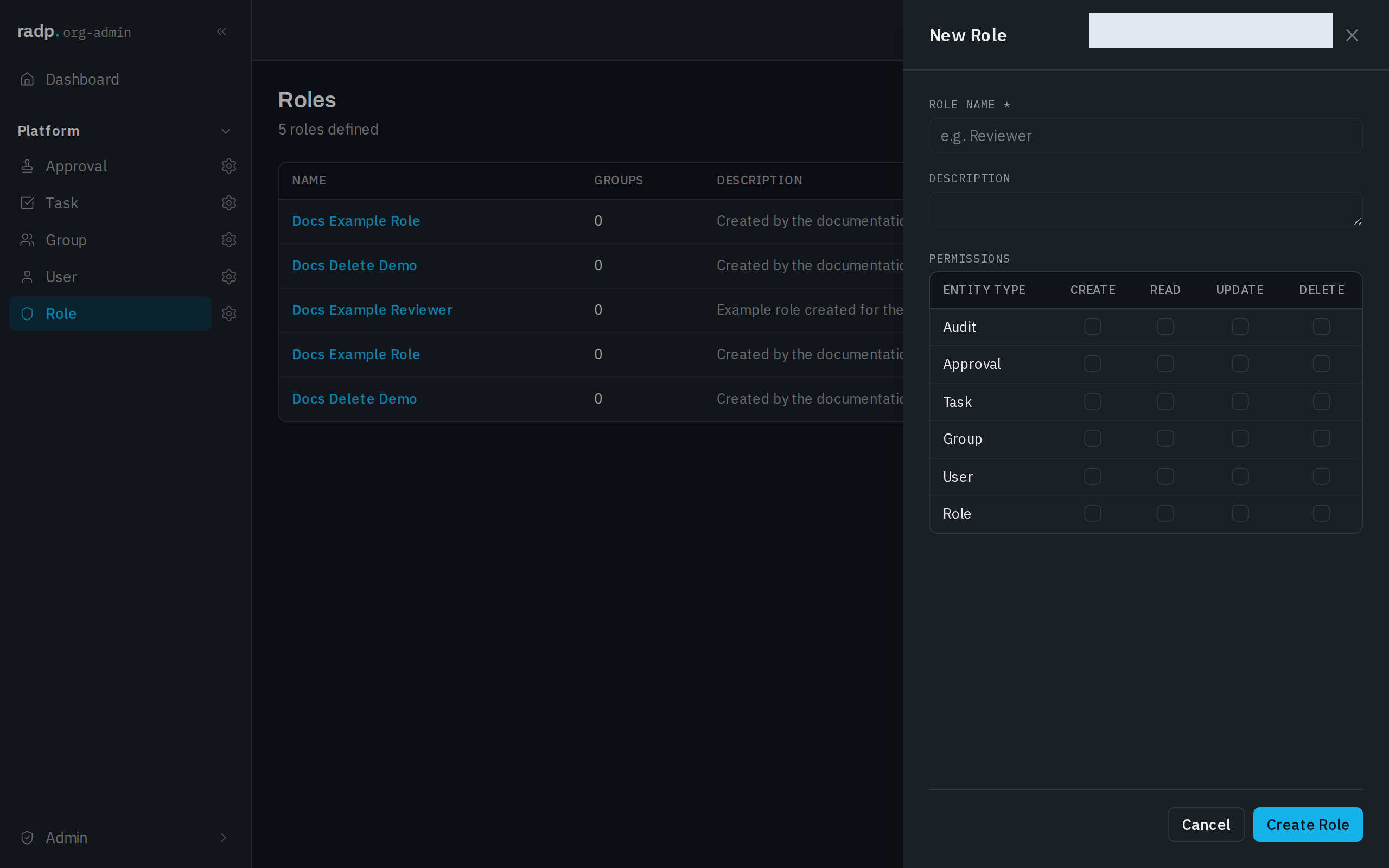 The New Role form, with the permissions grid