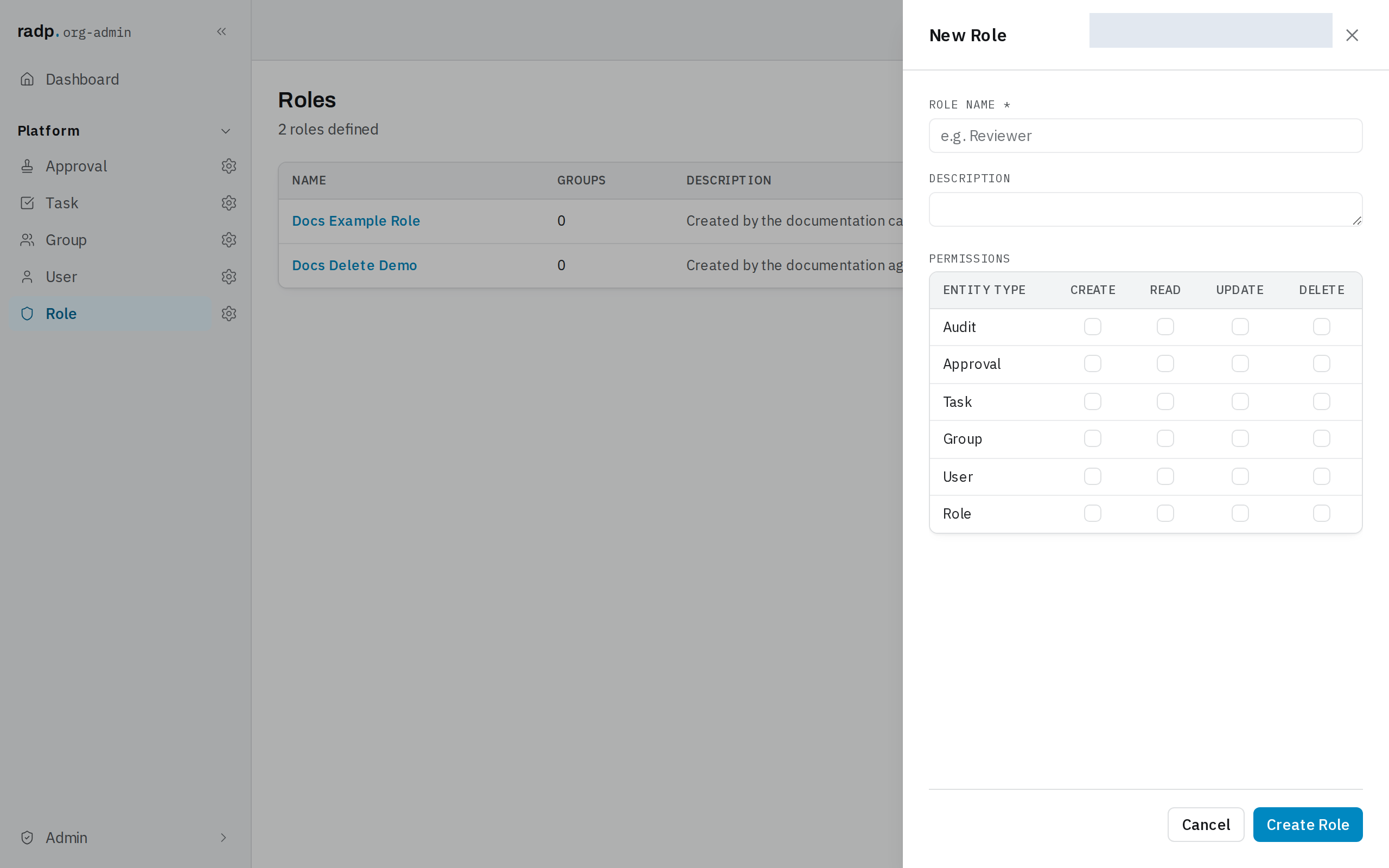 The New Role form, with the permissions grid