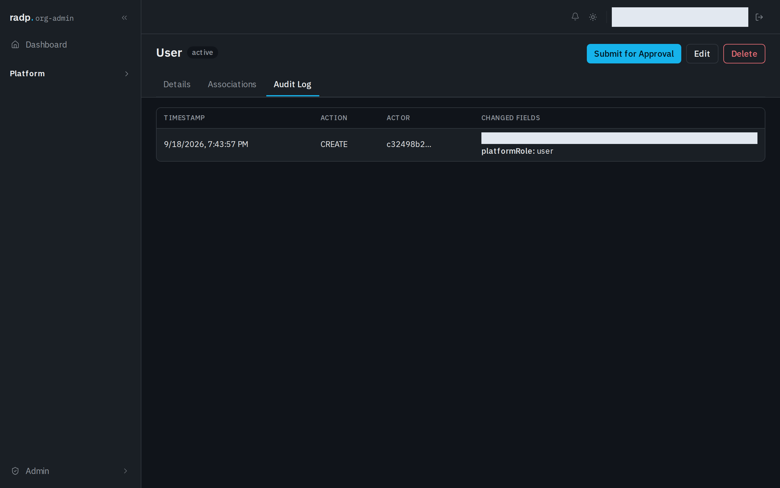 The Audit Log tab of a user record