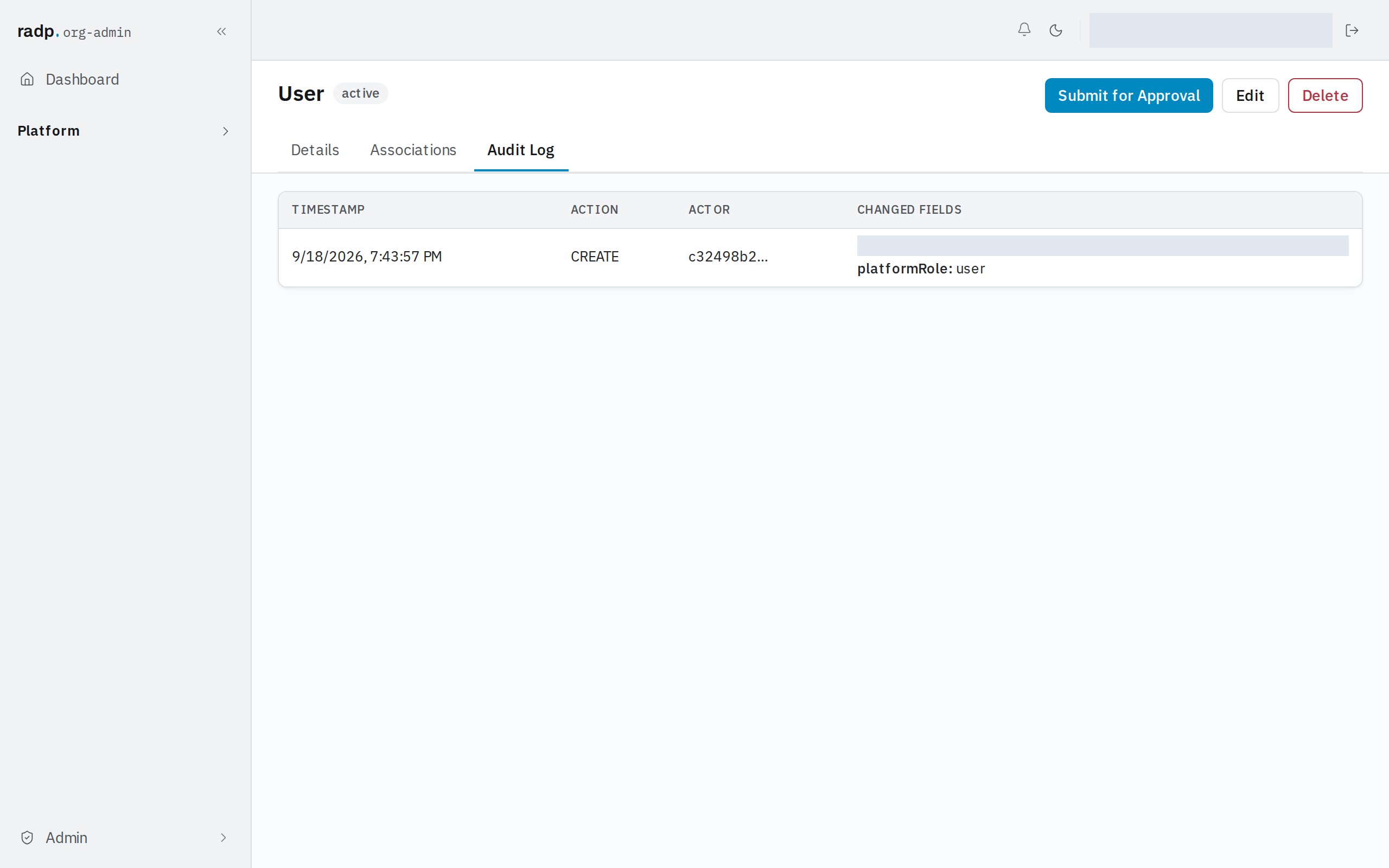 The Audit Log tab of a user record