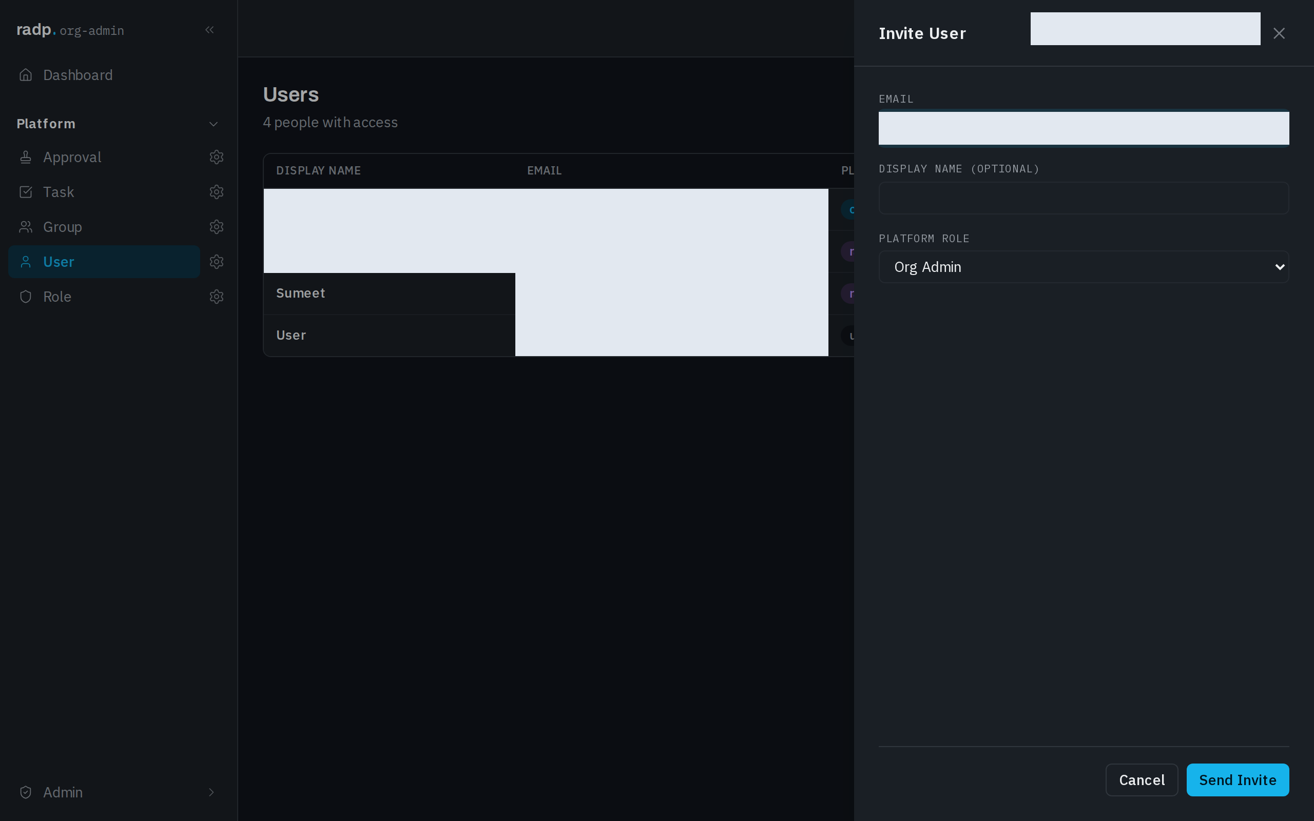 The Invite User dialog, with email, display name and platform role