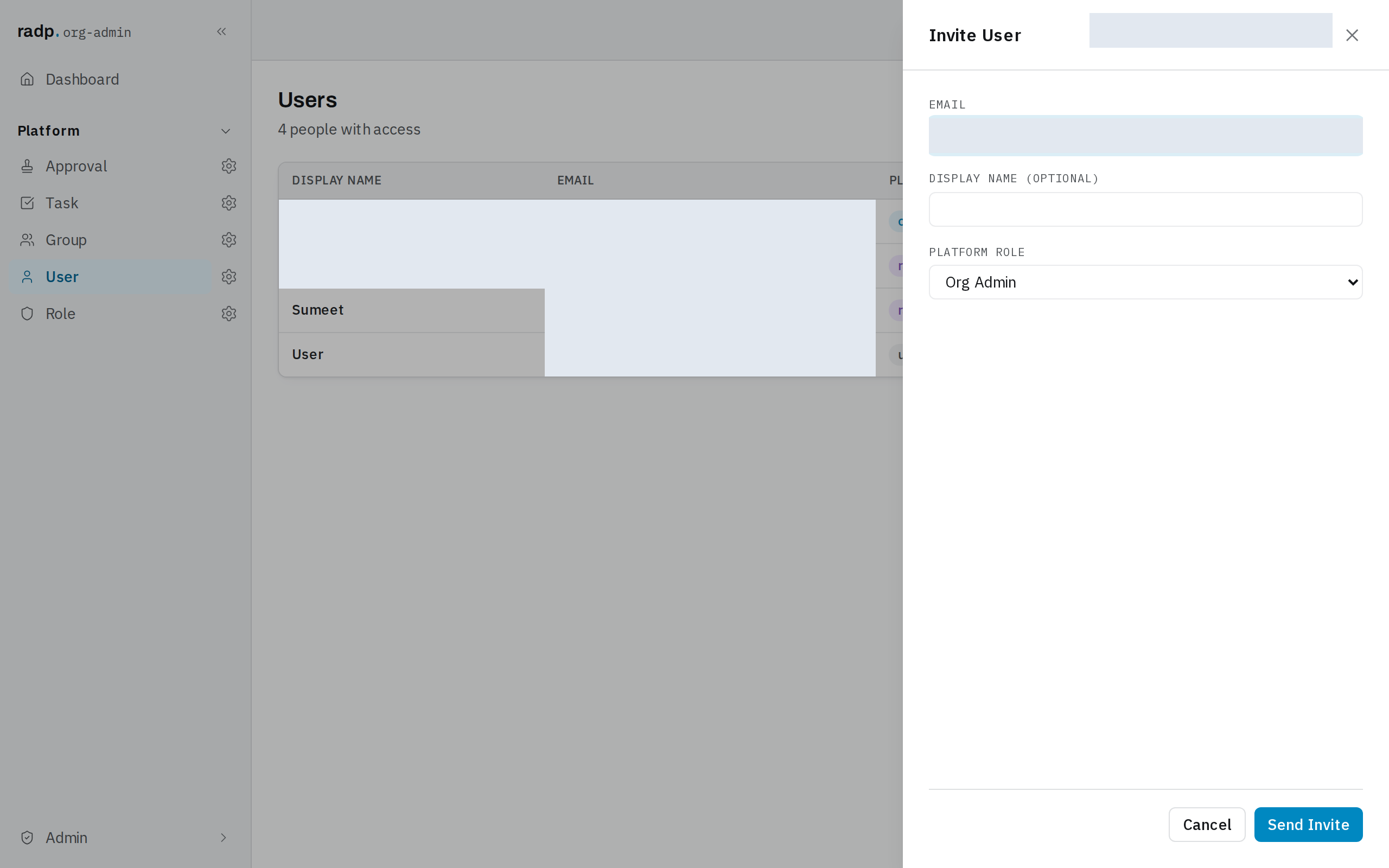 The Invite User dialog, with email, display name and platform role
