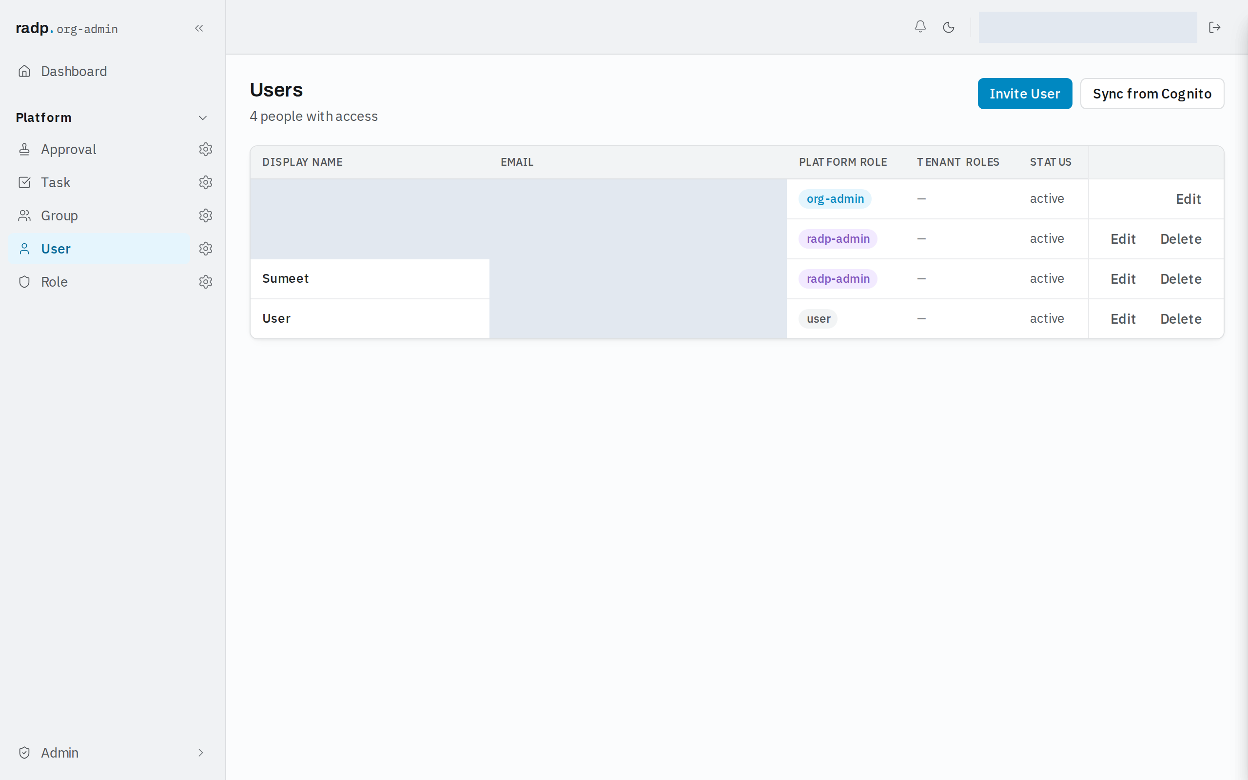 The Users screen