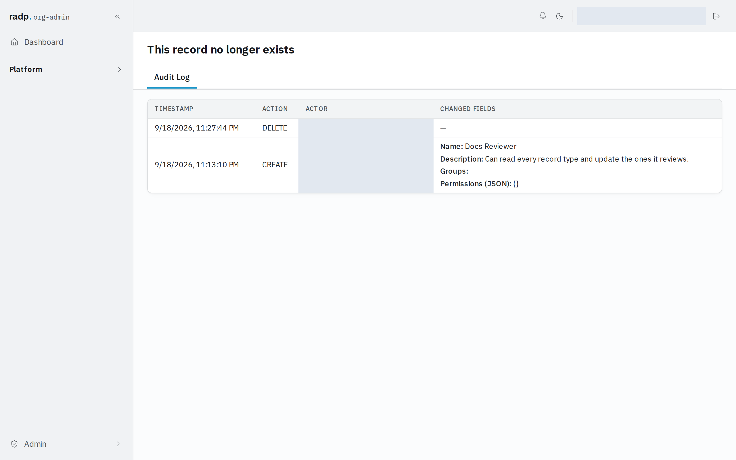 The audit log of a record that has been deleted