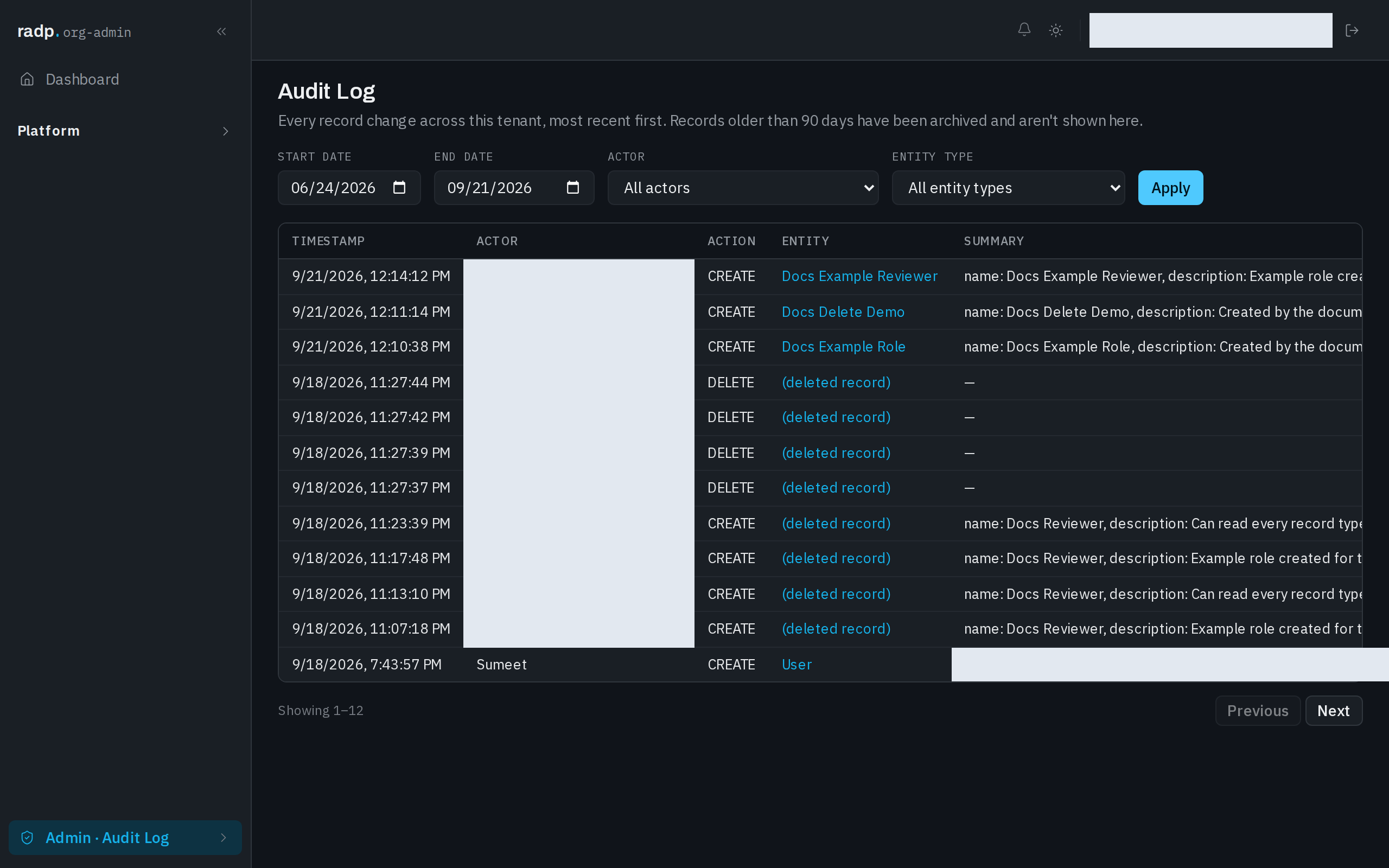 The audit log with its filters and entries
