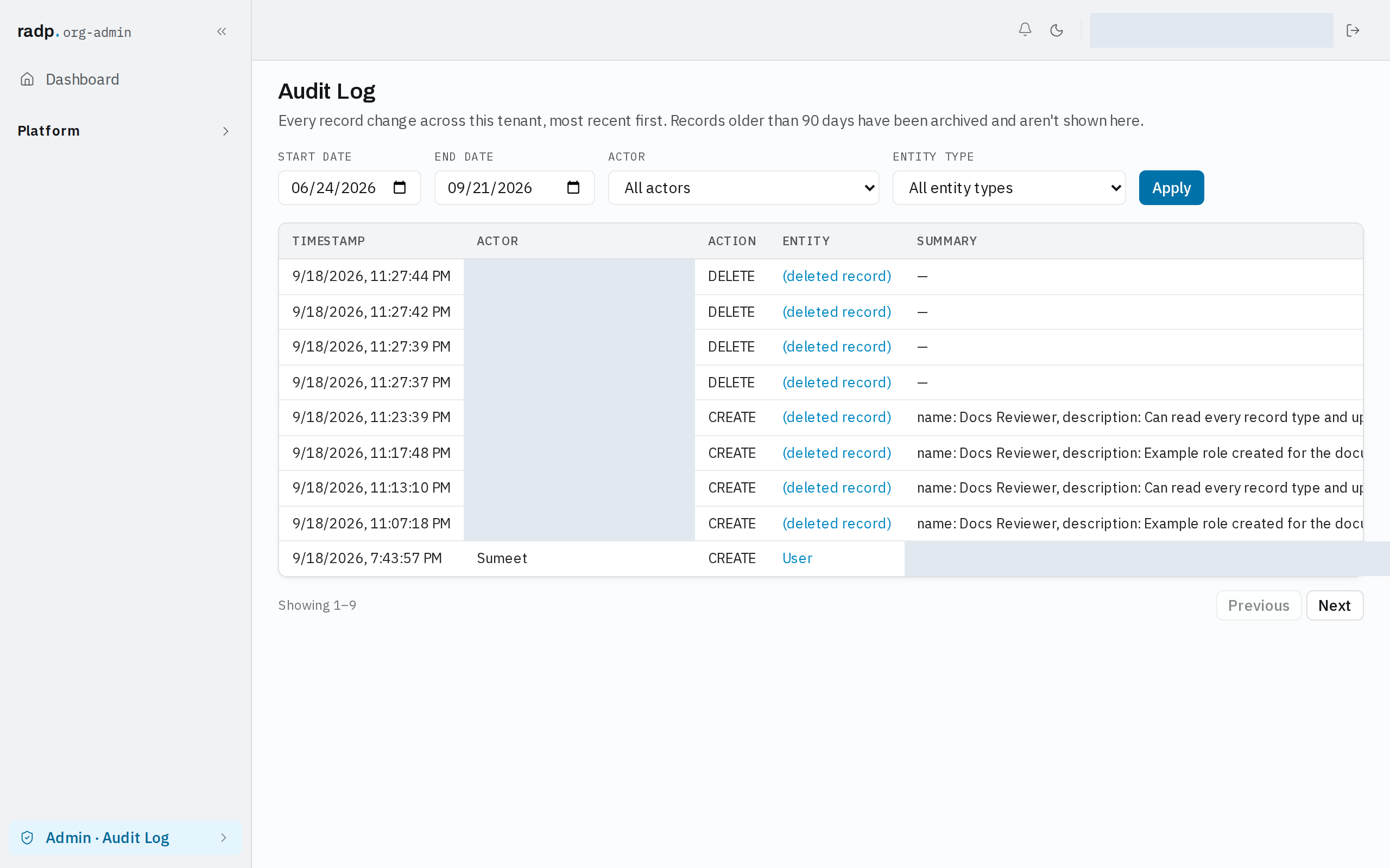 The audit log with its filters and entries