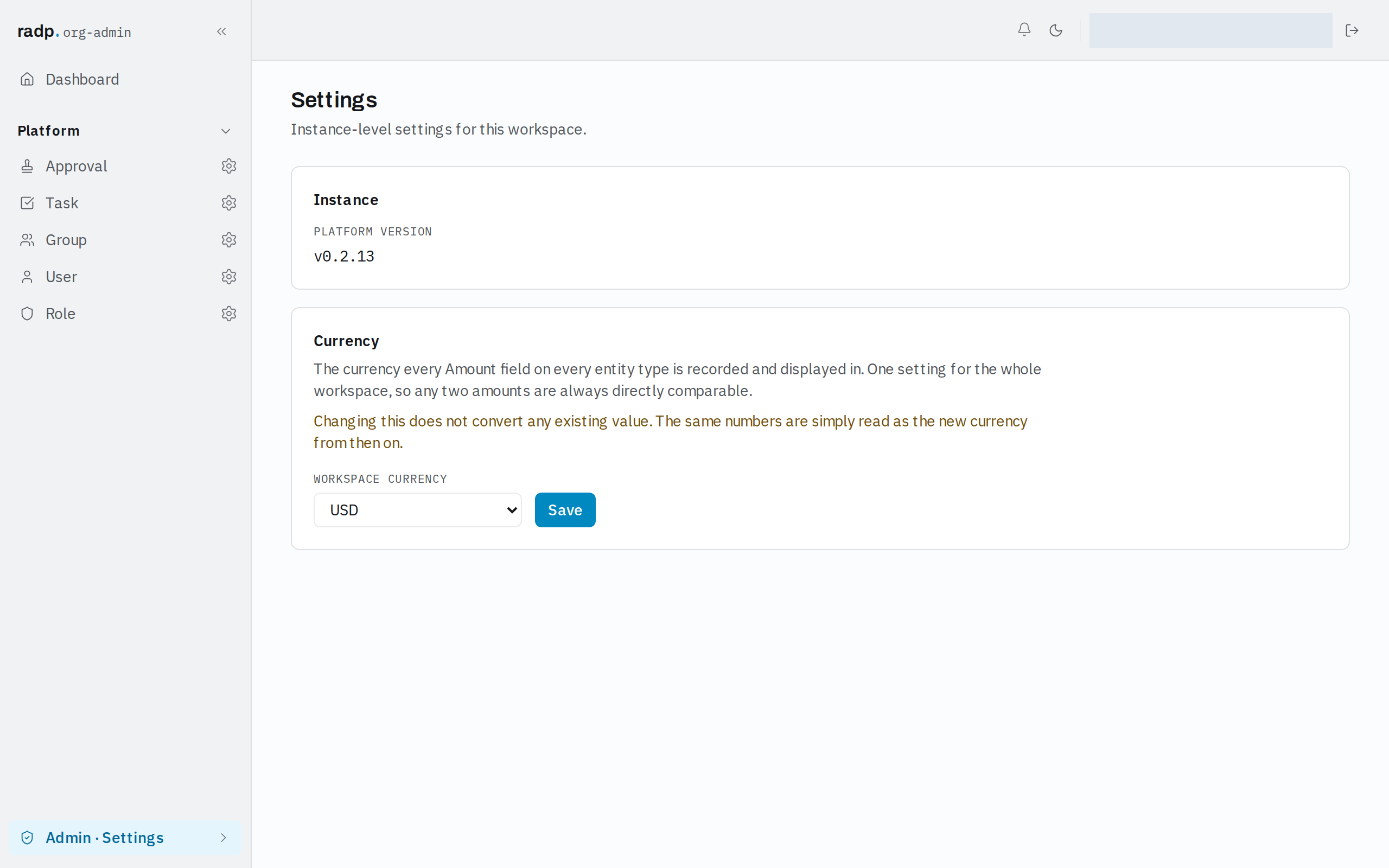 The currency setting with a different currency code chosen, ready to save