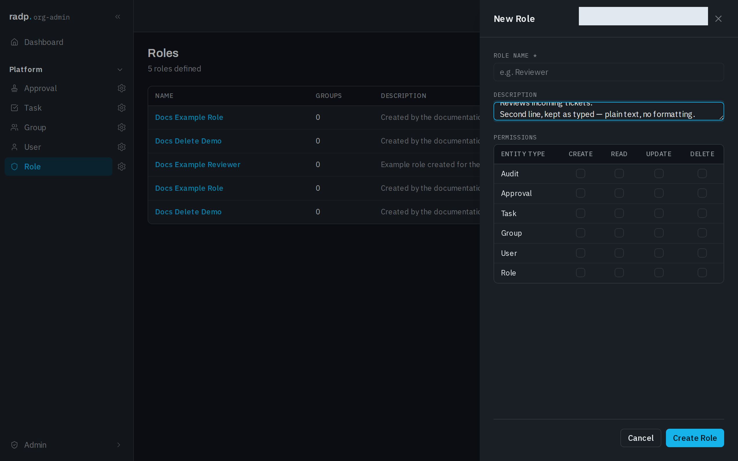 A create form with a multi-line text box for a description