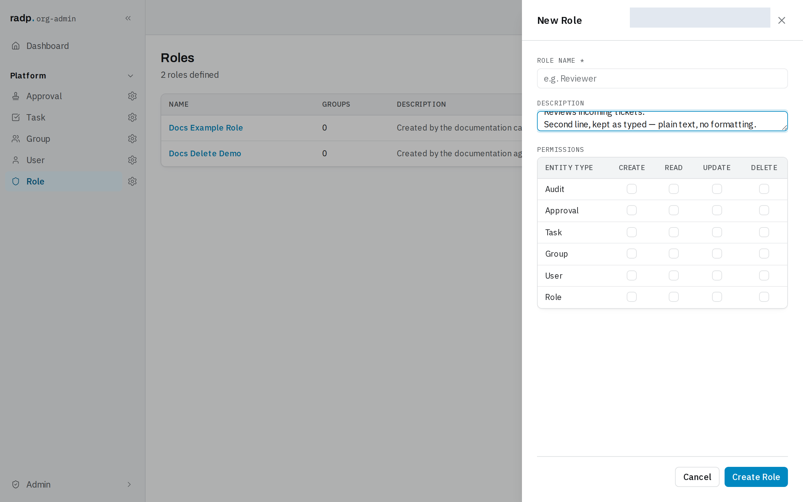 A create form with a multi-line text box for a description