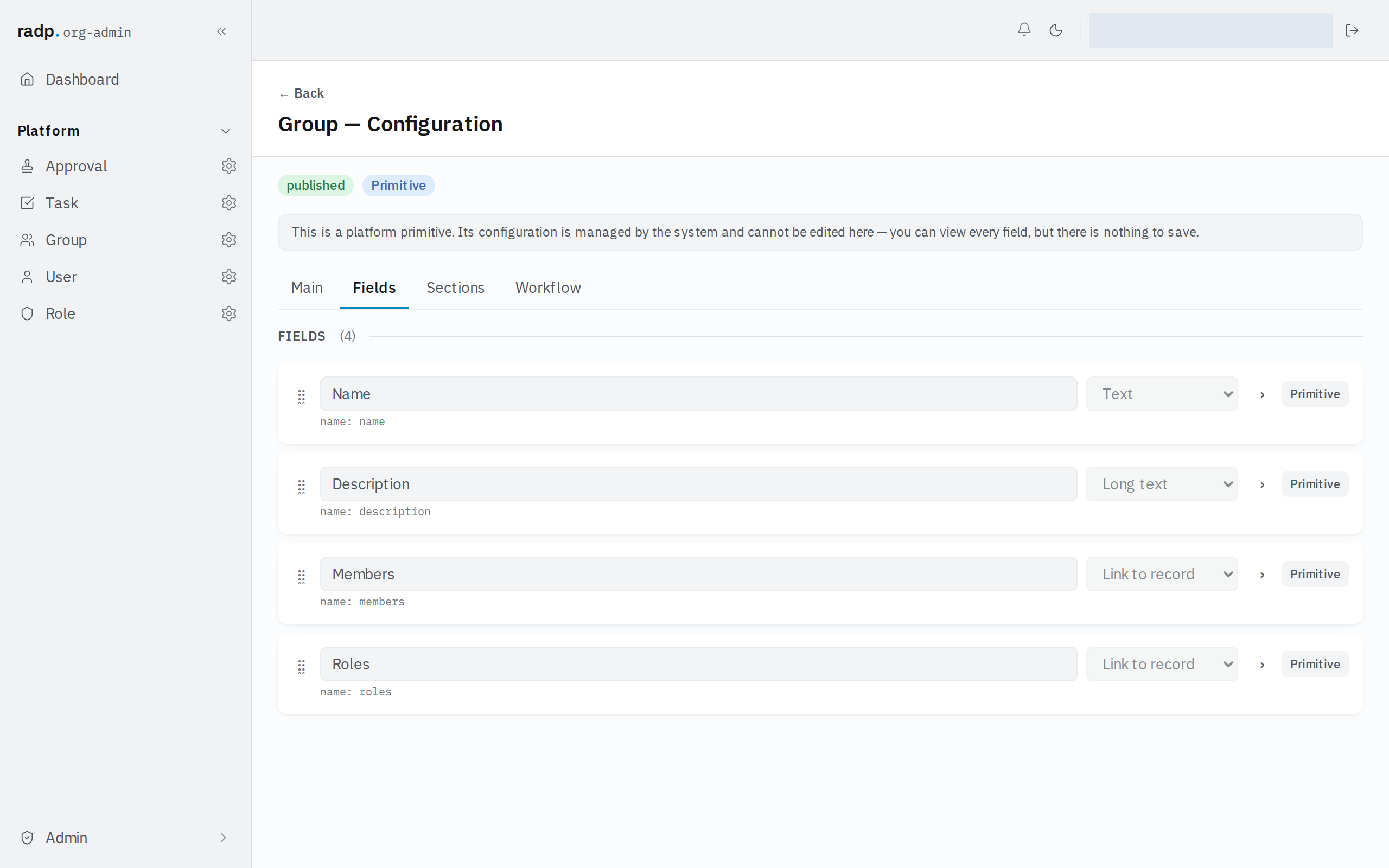 The field type list on a record type's Fields tab, with Web address (URL) among the choices