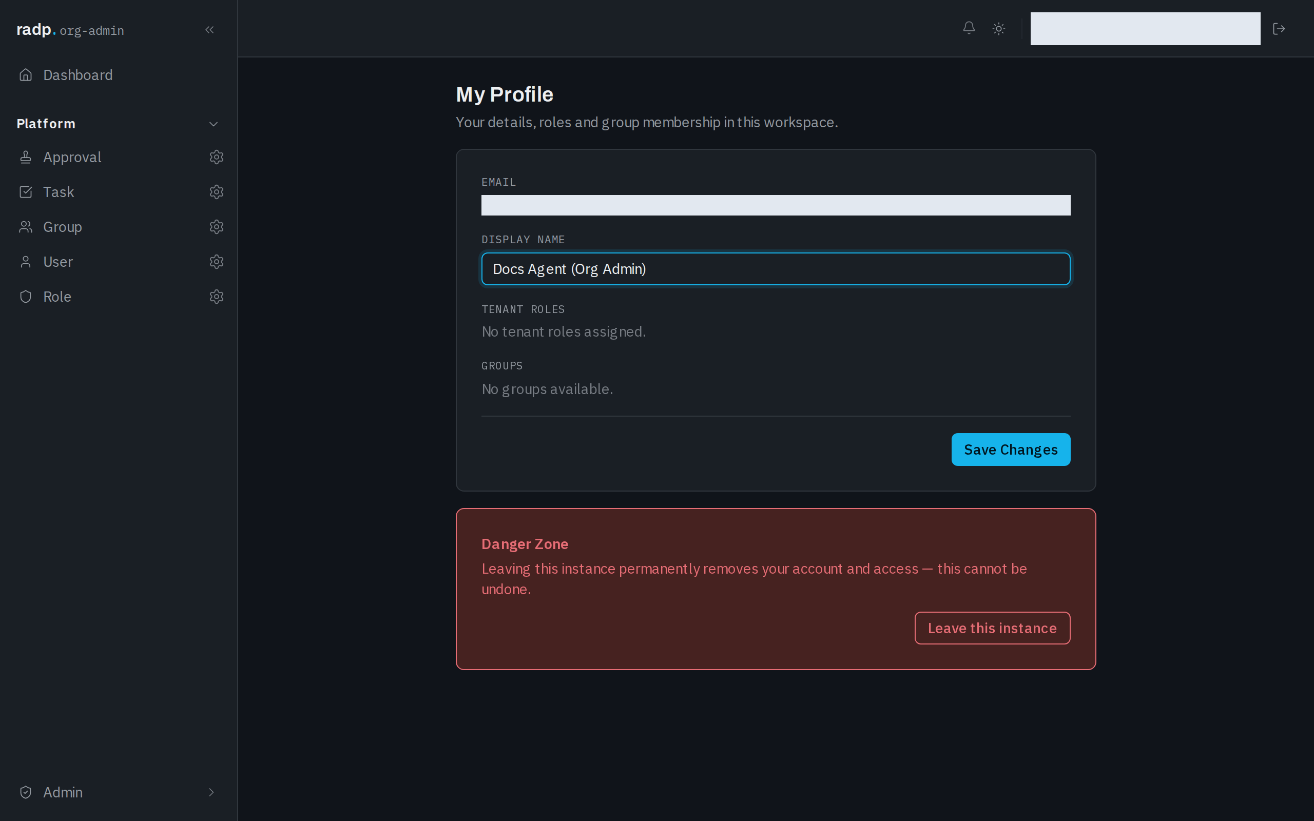 The Danger Zone at the foot of My Profile, with the Leave this instance button