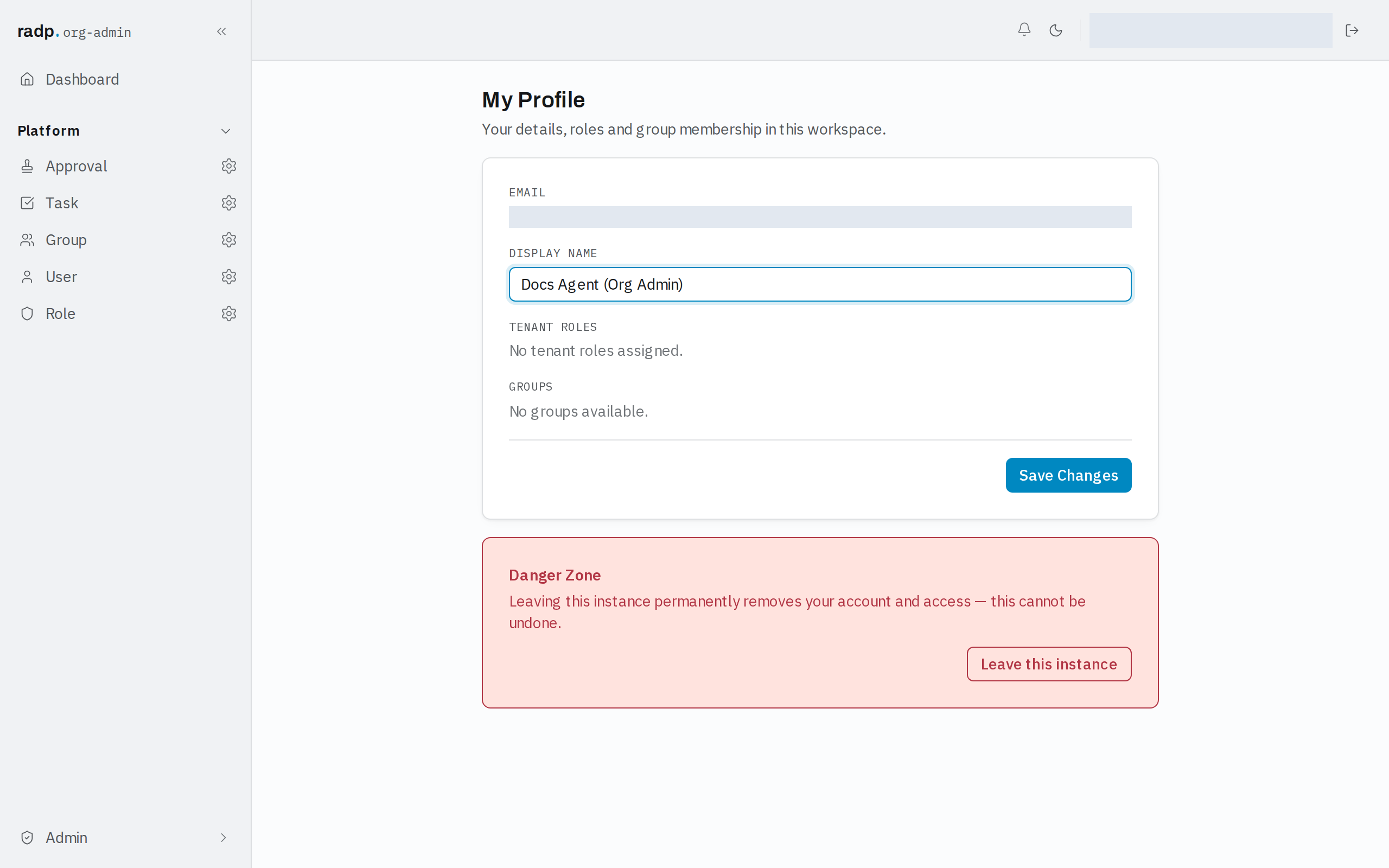 The Danger Zone at the foot of My Profile, with the Leave this instance button