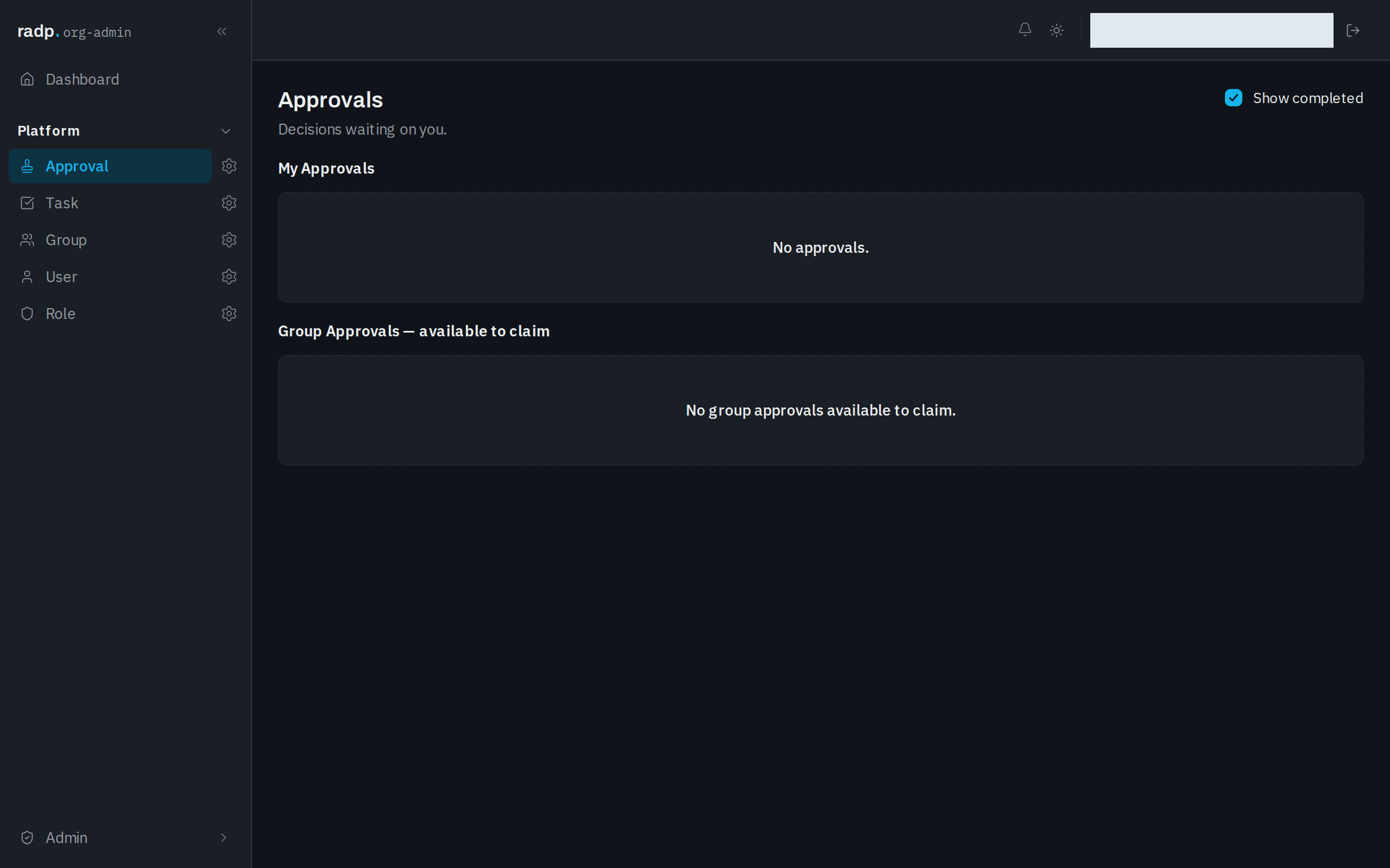 The Approvals inbox with Show completed turned on