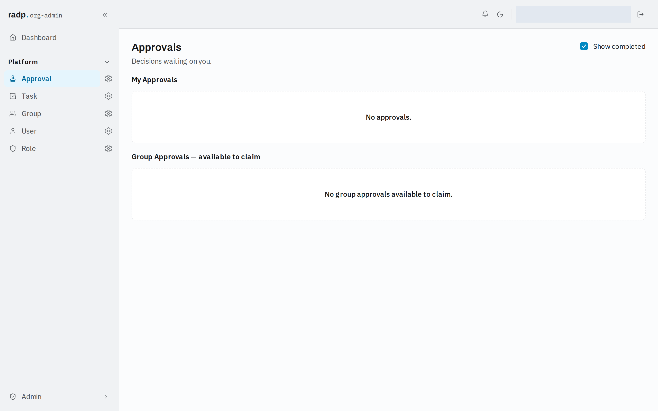 The Approvals inbox with Show completed turned on