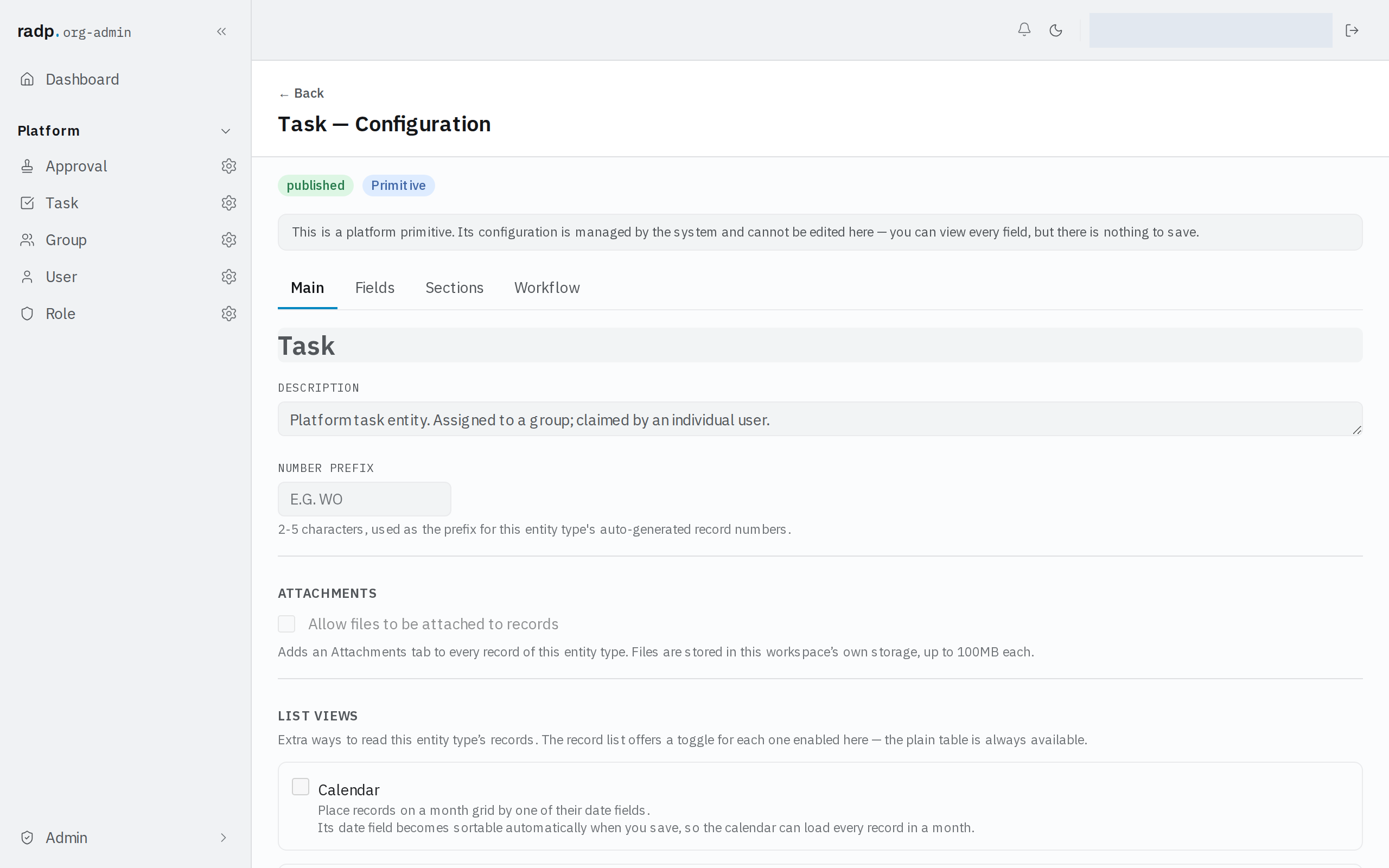 The Main tab of a record type's configuration, showing description, number prefix, attachments, list views and quick actions