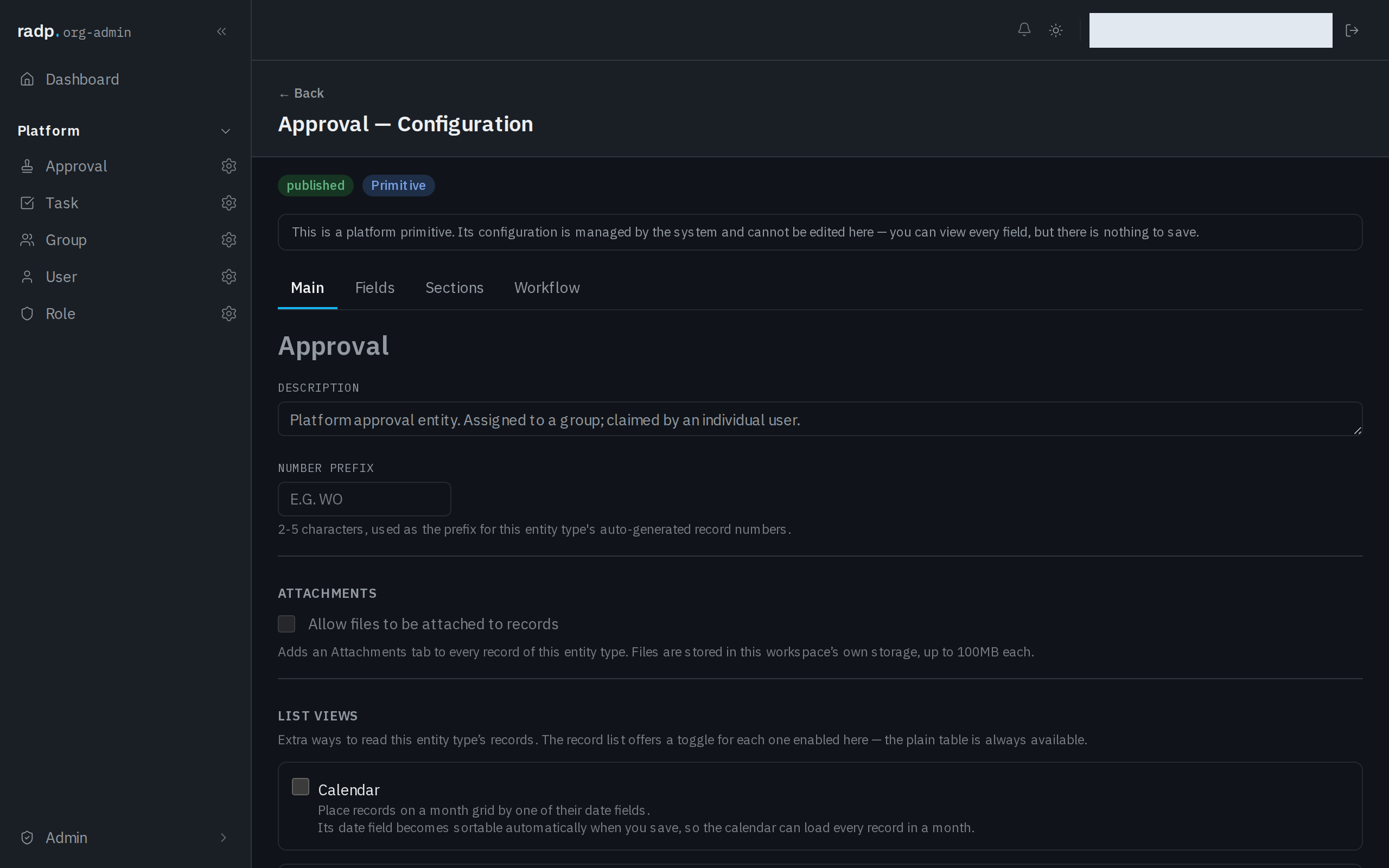 The attachments setting on the Main tab of a record type's configuration