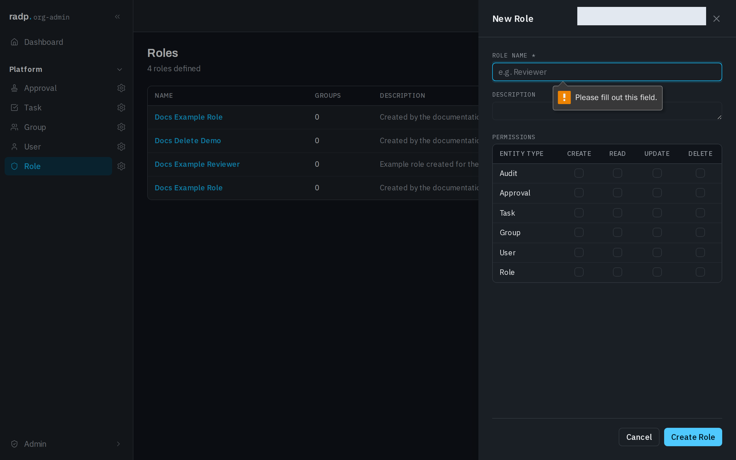 The create form still open, with the list behind it unchanged