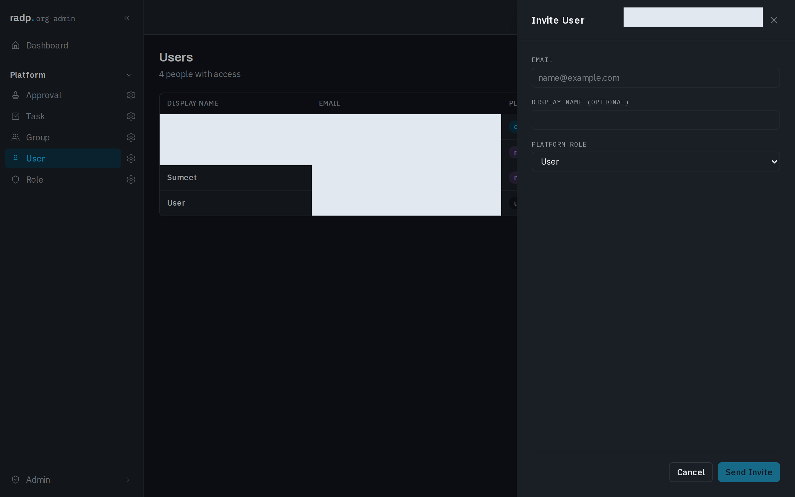 The Invite User form, with email, optional display name and a platform role list