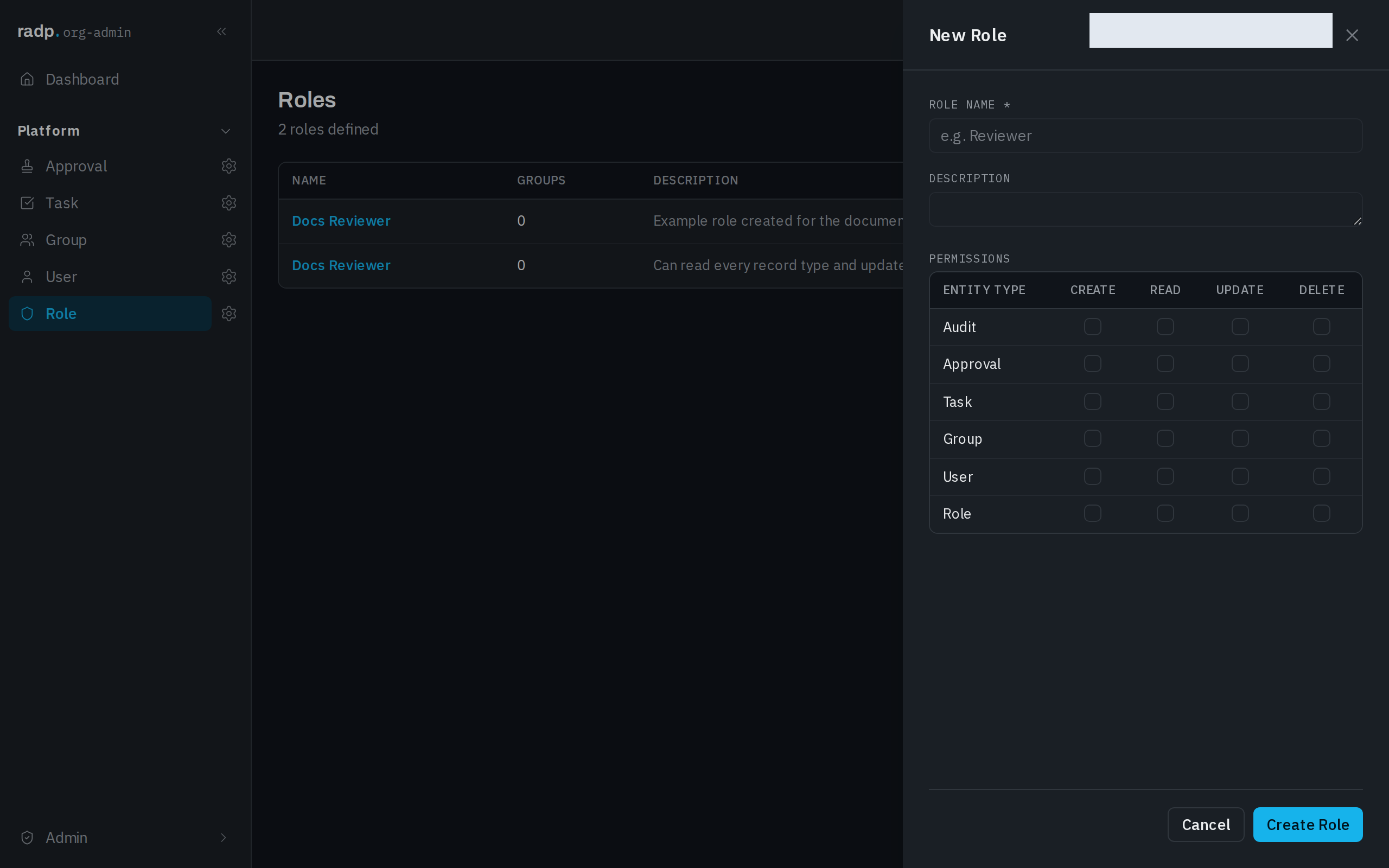 The New Role form, with role name, description and a permissions grid