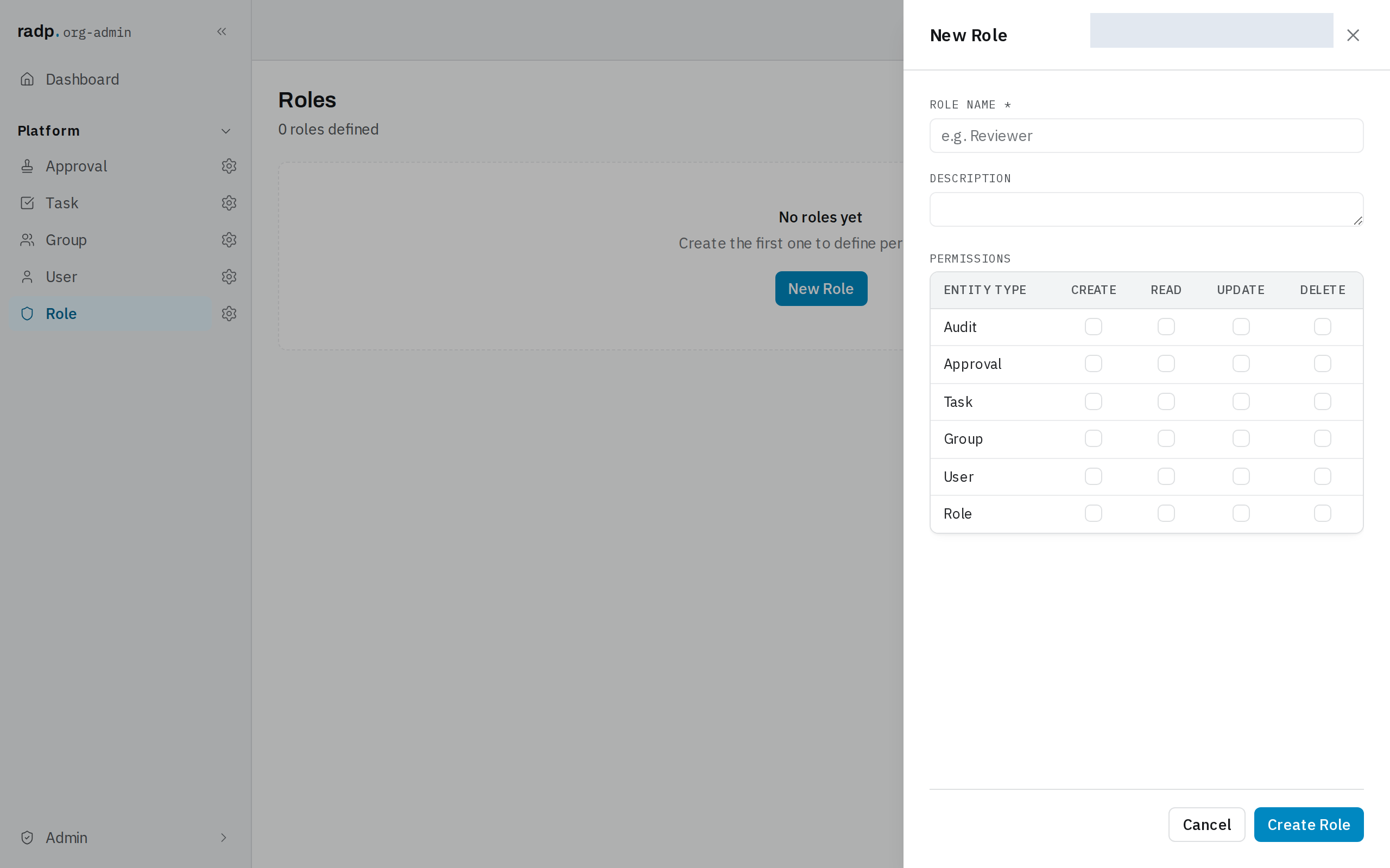 The New Role form, with role name, description and a permissions grid