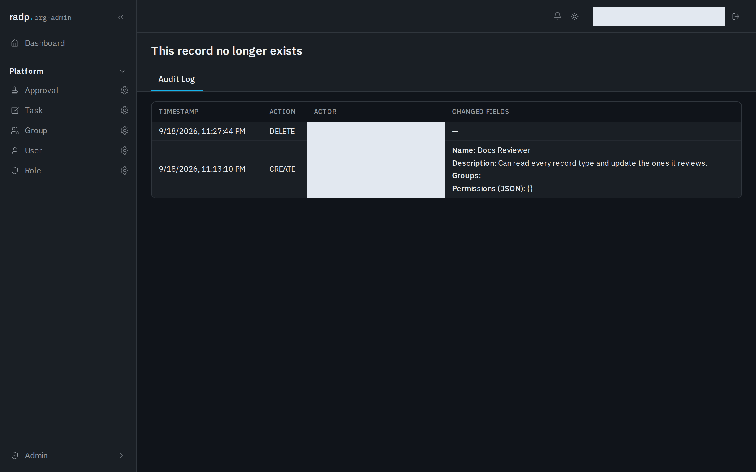 A deleted record's page, showing its audit history