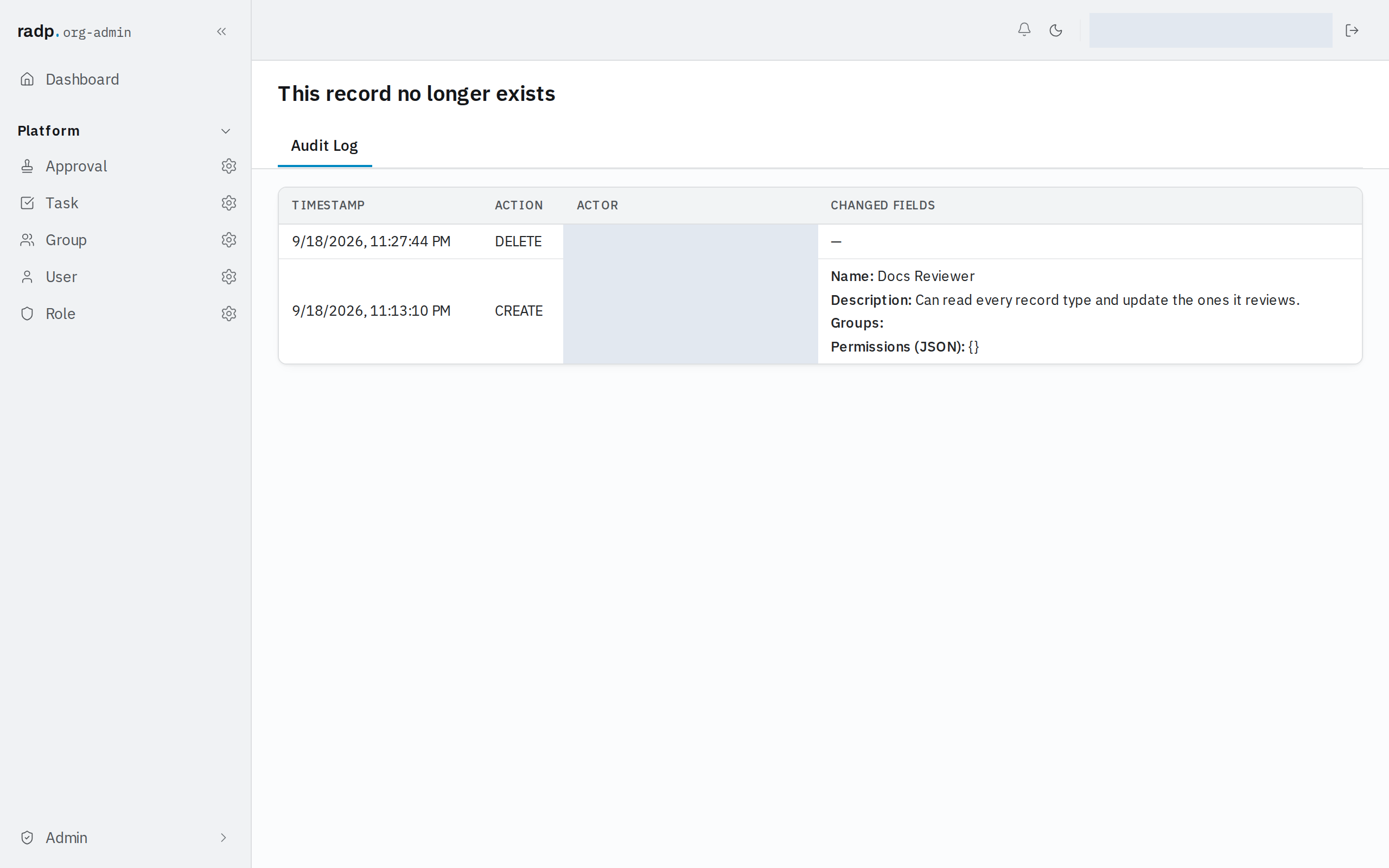 A deleted record's page, showing its audit history