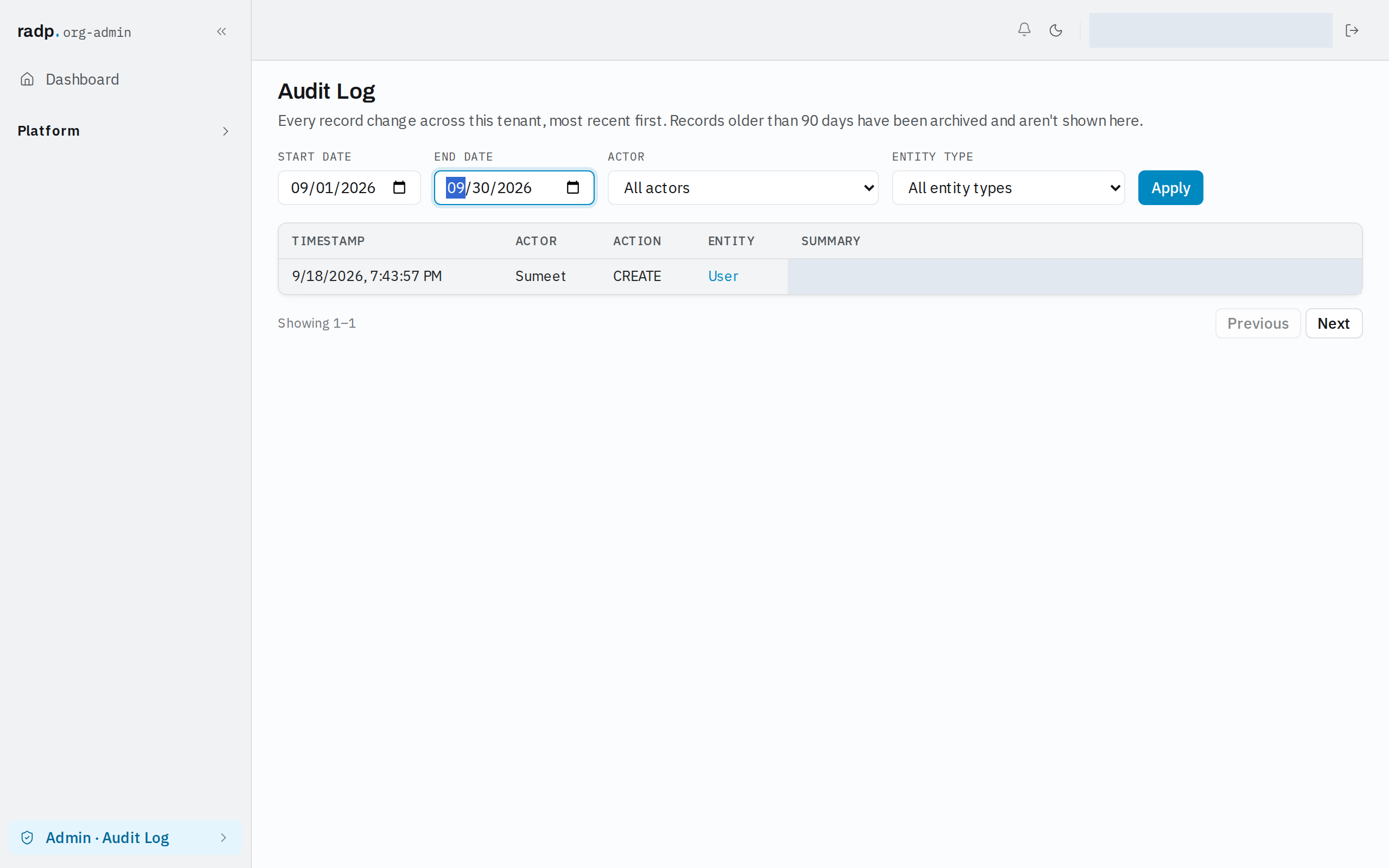 The Audit Log filter row with a date range set
