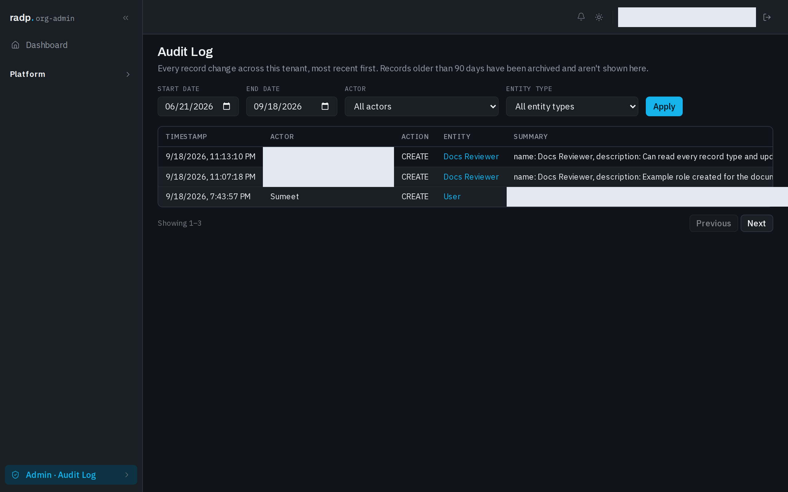 The Audit Log with its filter row above the table and paging beneath it