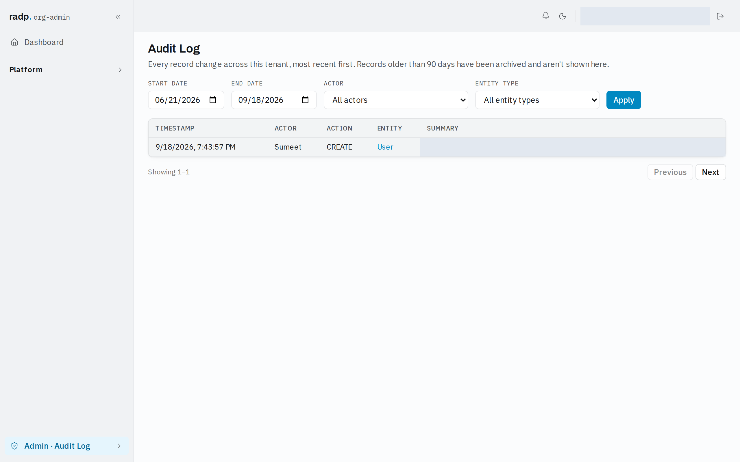 The Audit Log with its filter row above the table and paging beneath it