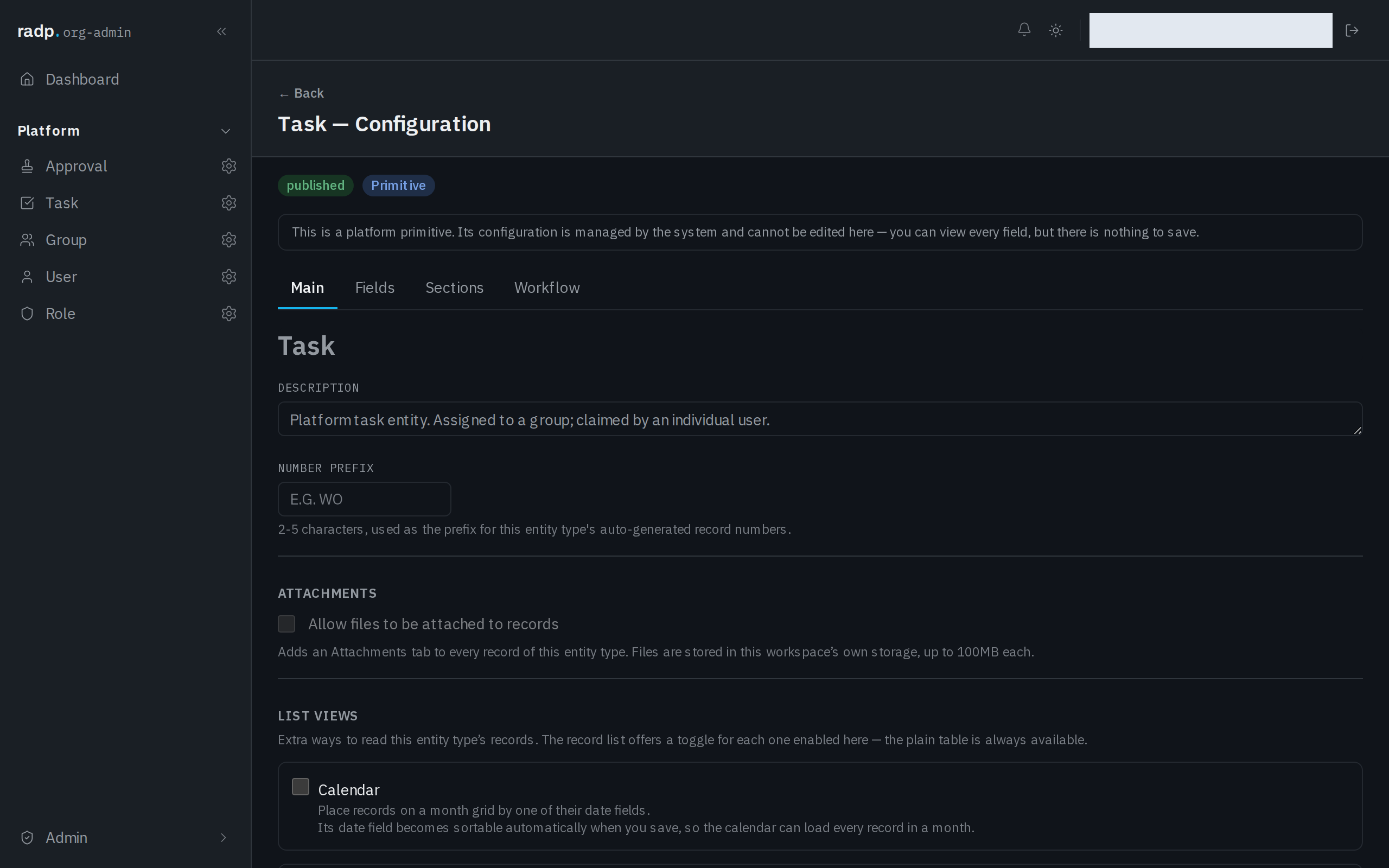 The list view settings on a record type's configuration