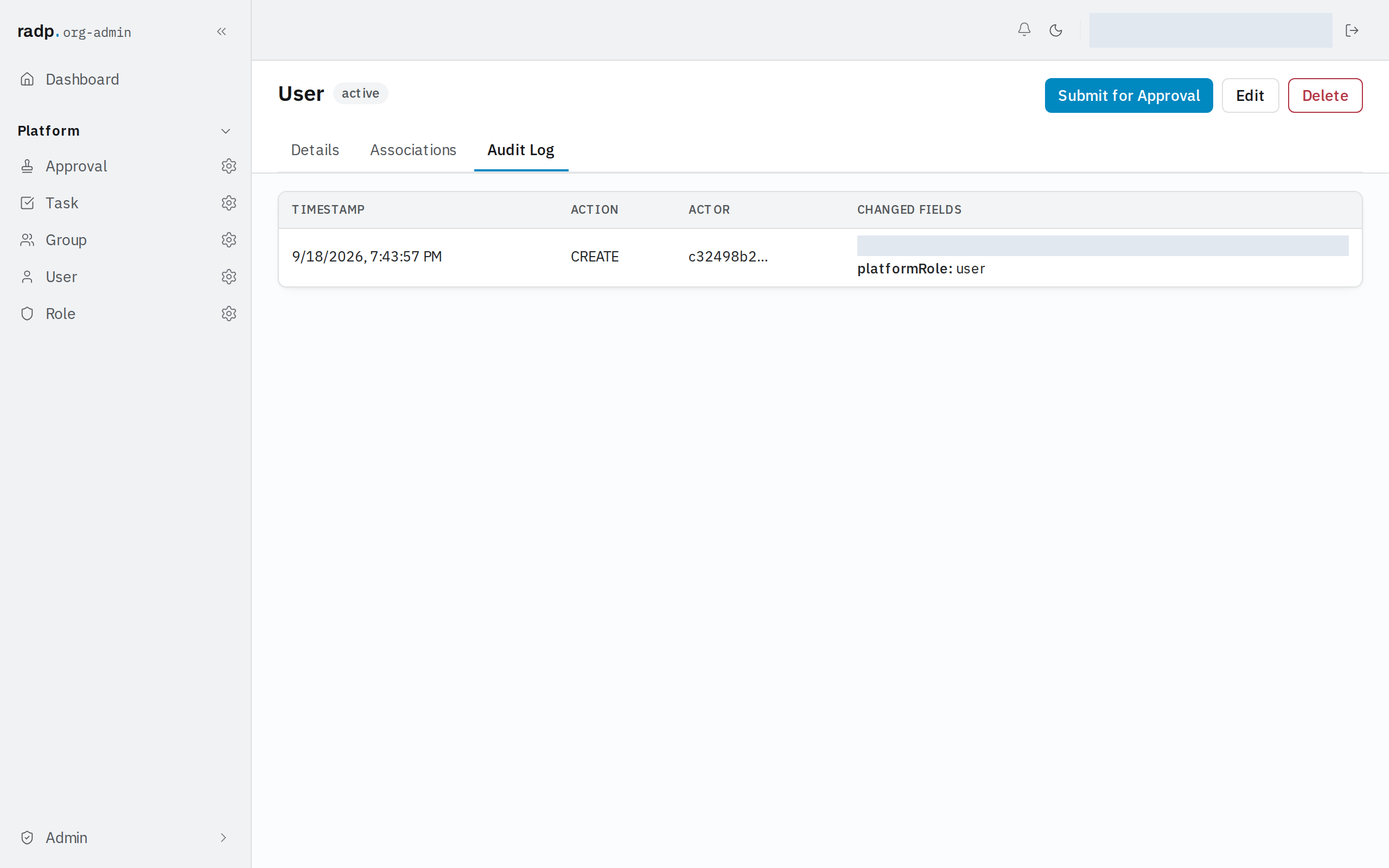 A record's Audit Log tab, one row per change