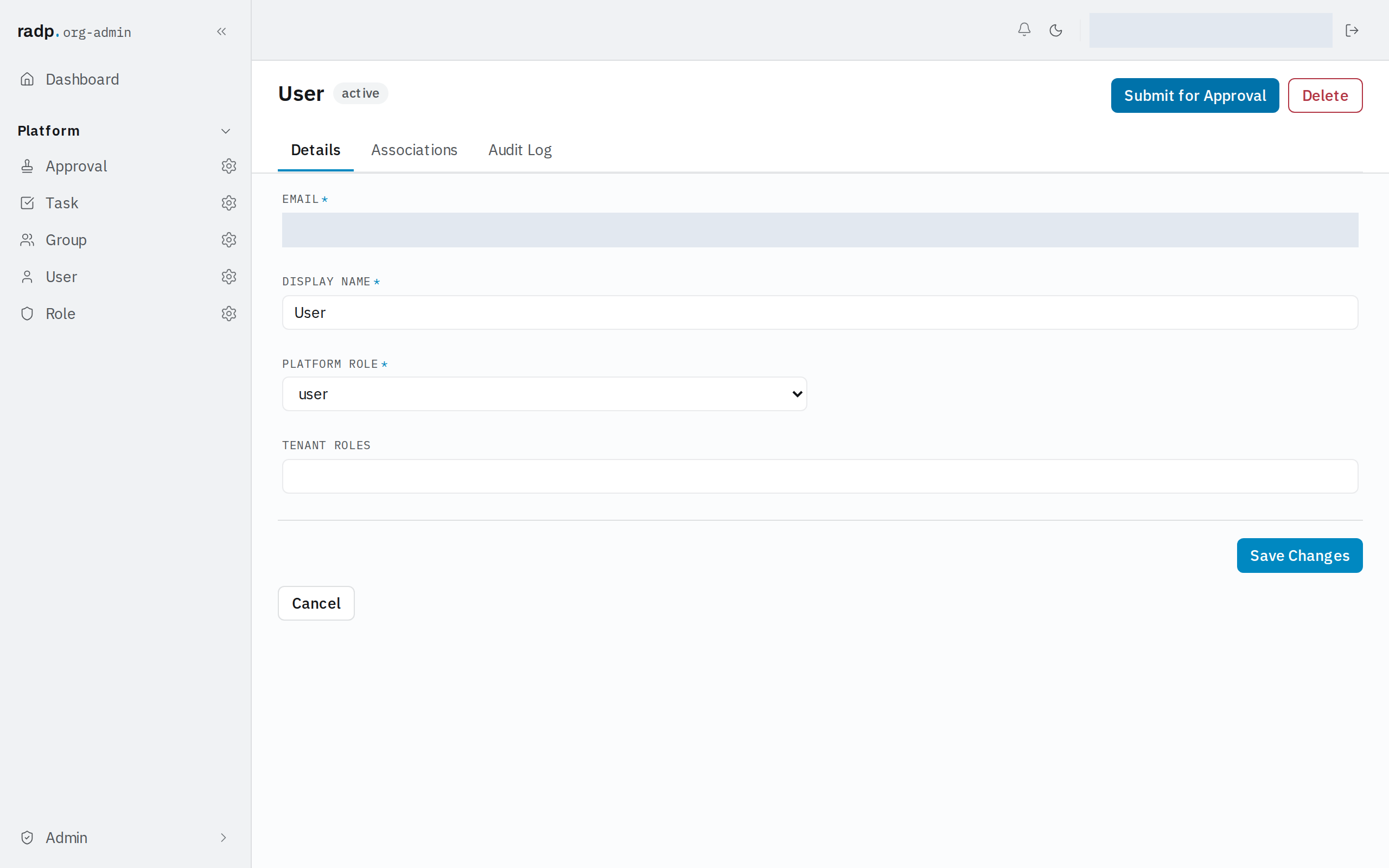 A record open for editing, with Save Changes and Cancel