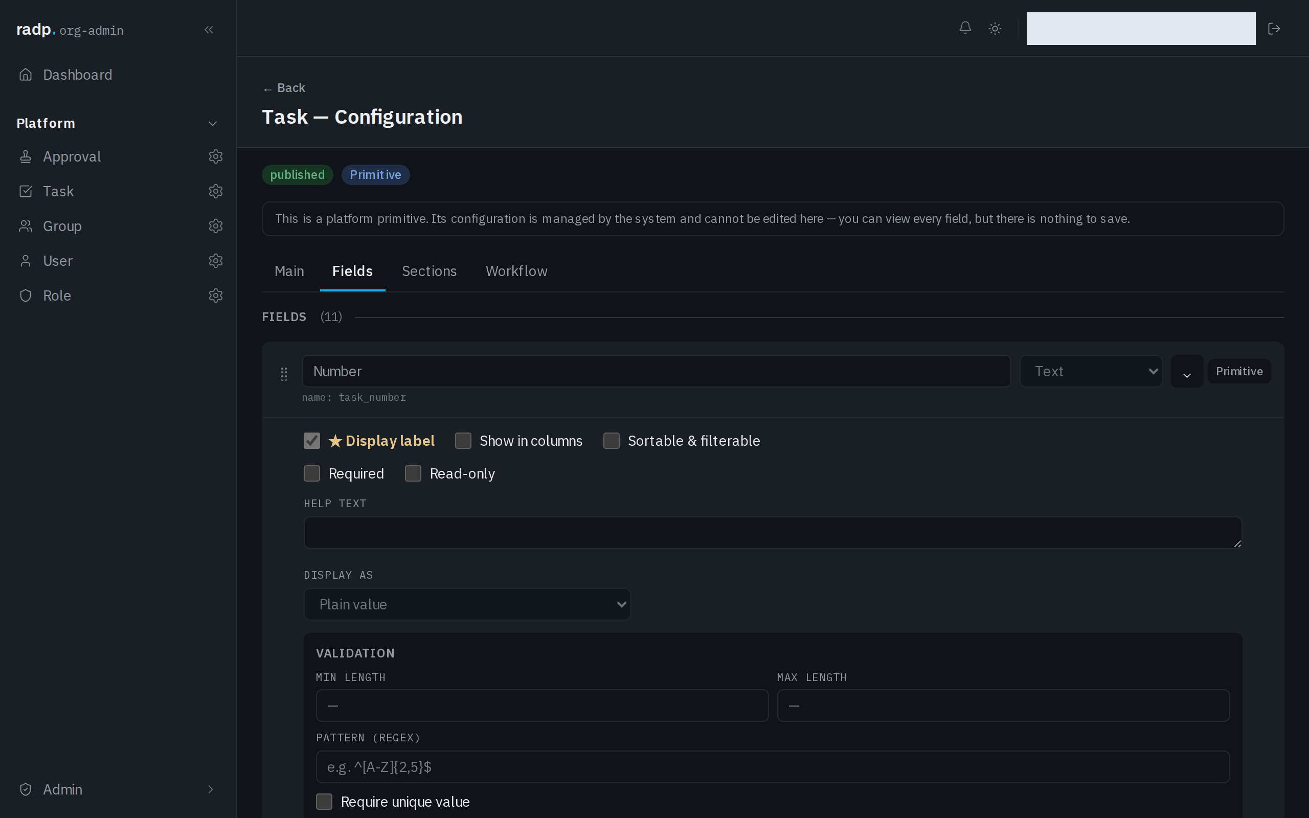 A field expanded, showing its tick boxes and the VALIDATION section