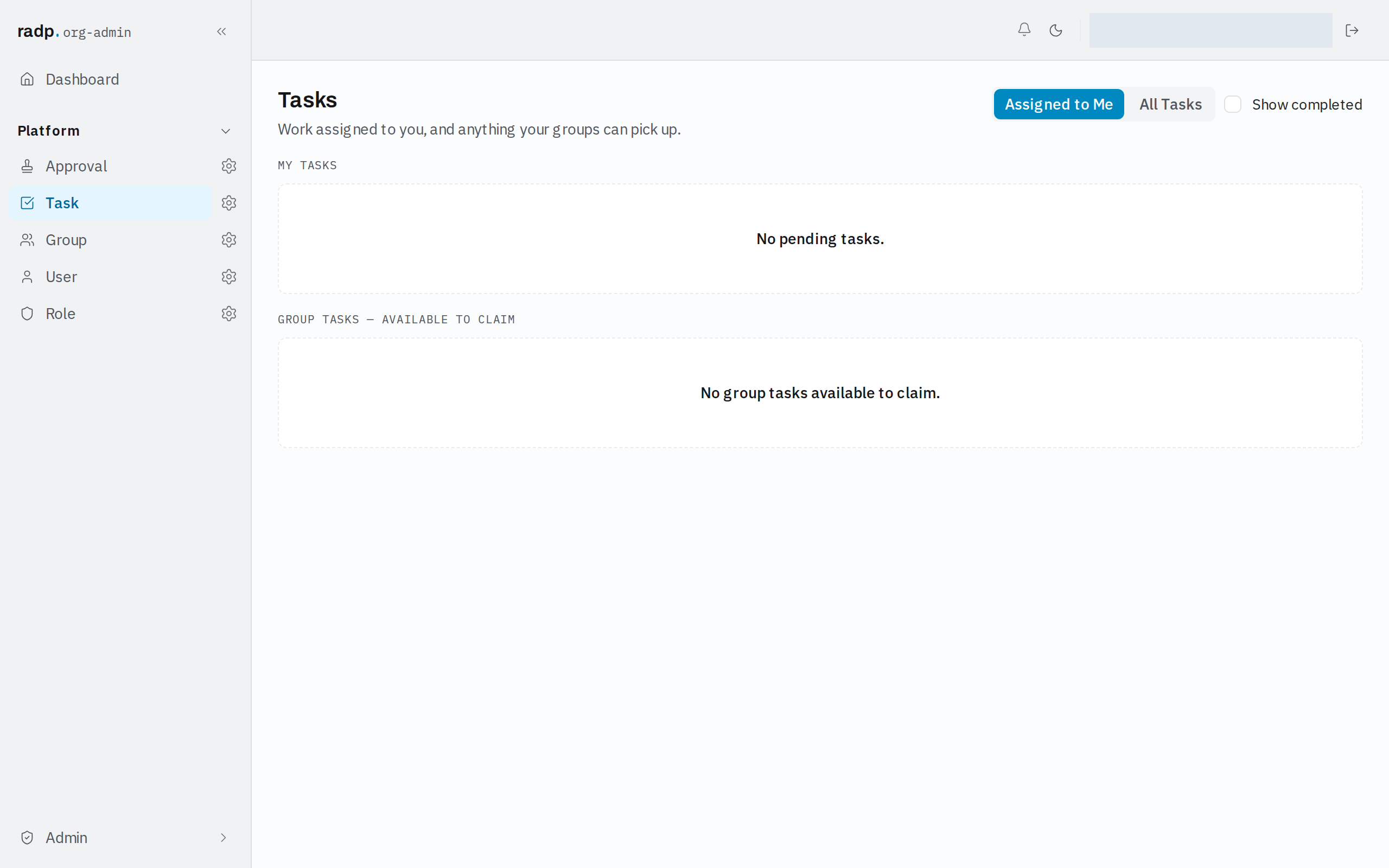 The Tasks inbox, showing My Tasks and Group Tasks available to claim