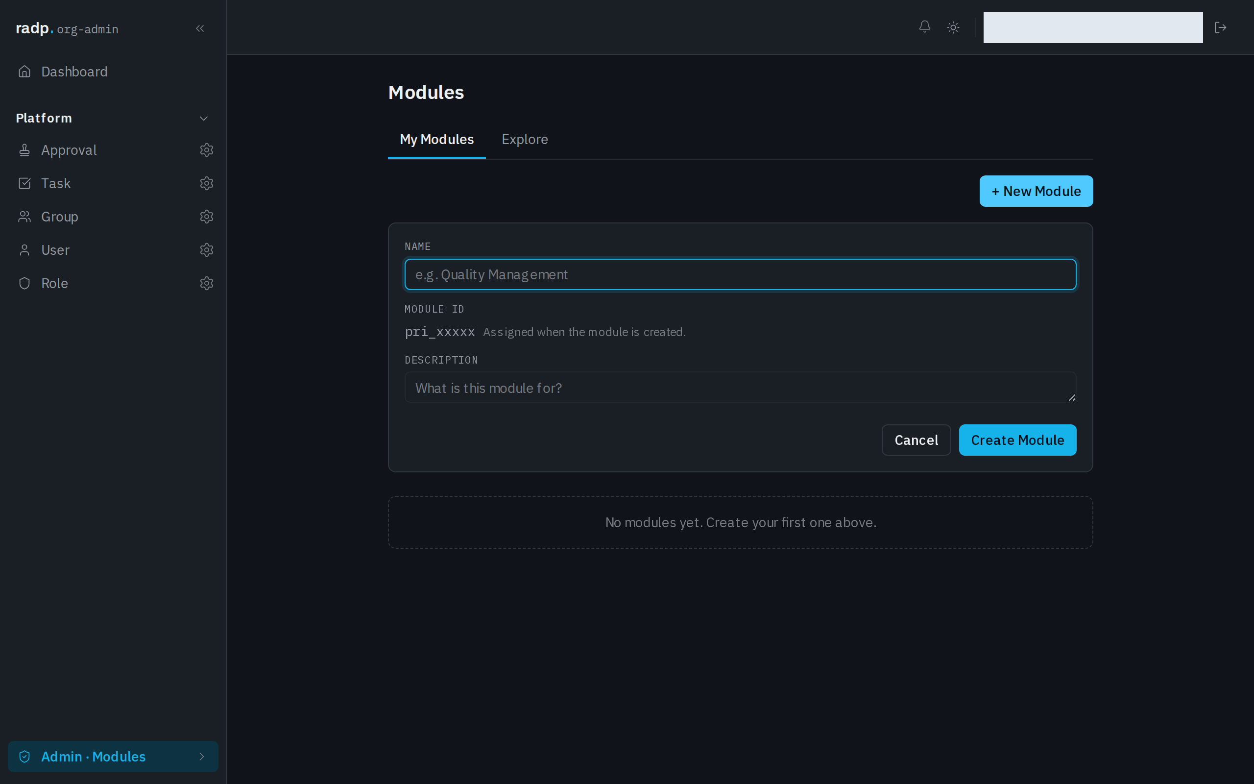 The New Module form, with Name, Module ID and Description