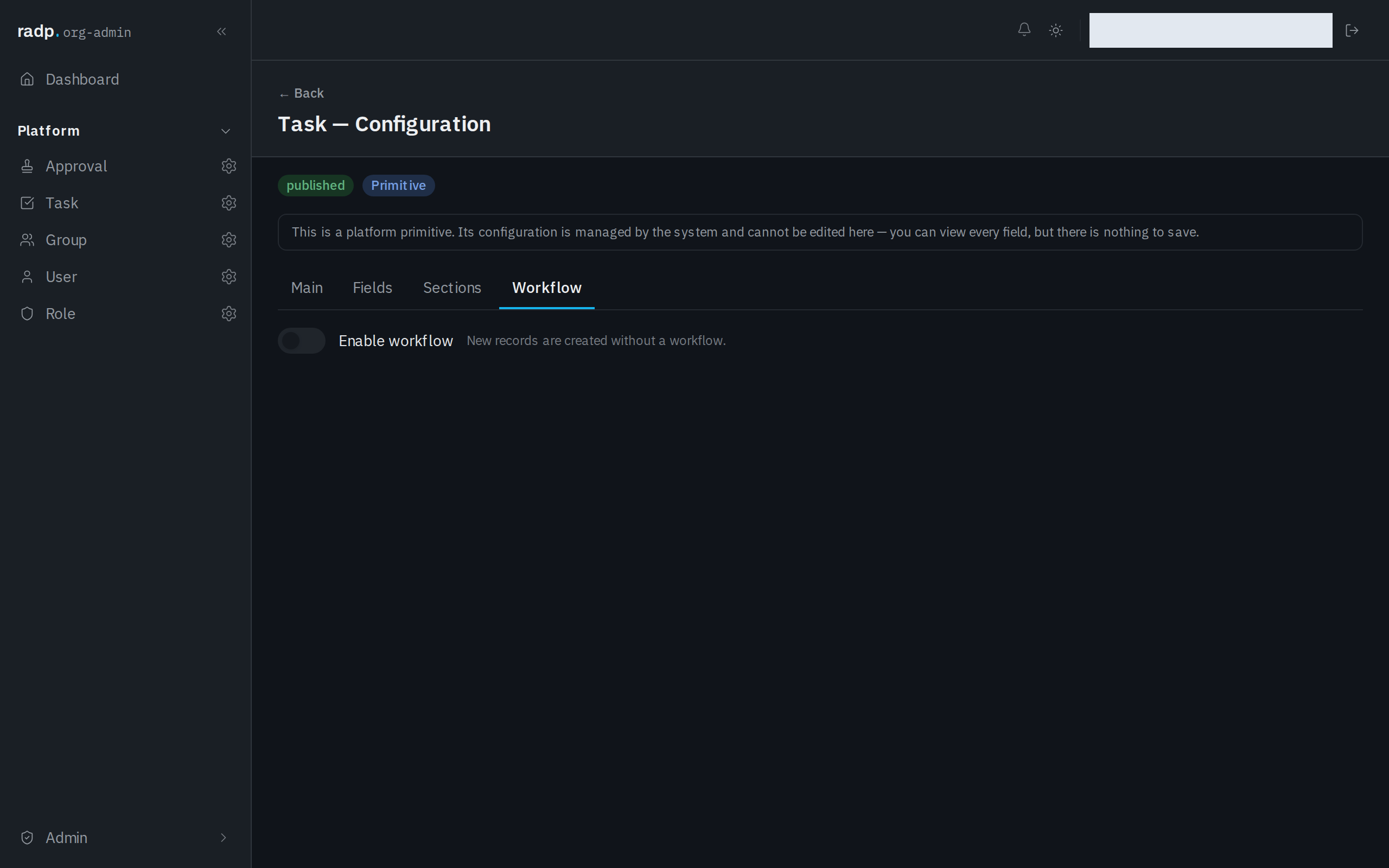 The Workflow tab of a record type, with Enable workflow switched off