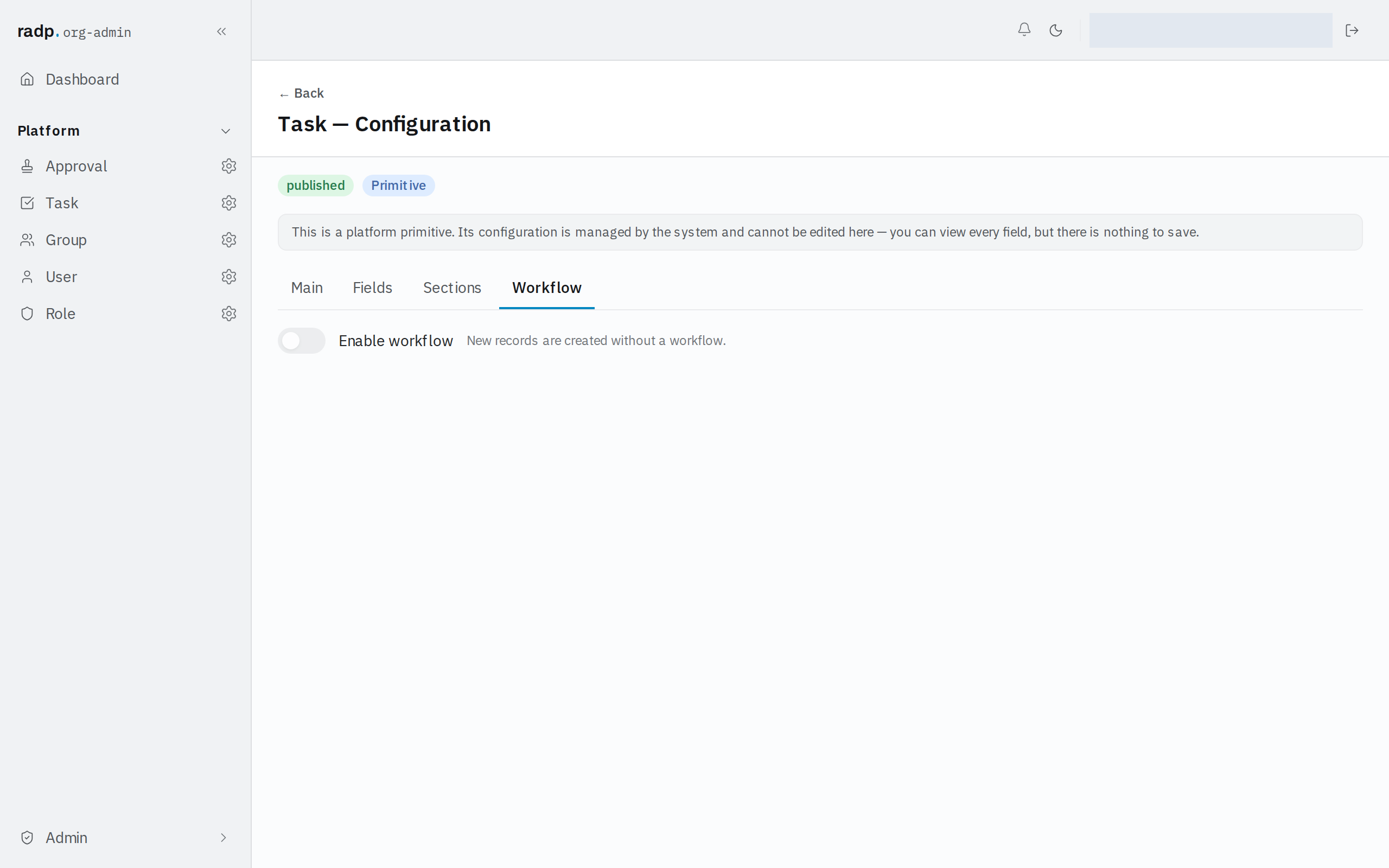 The Workflow tab of a record type, with Enable workflow switched off