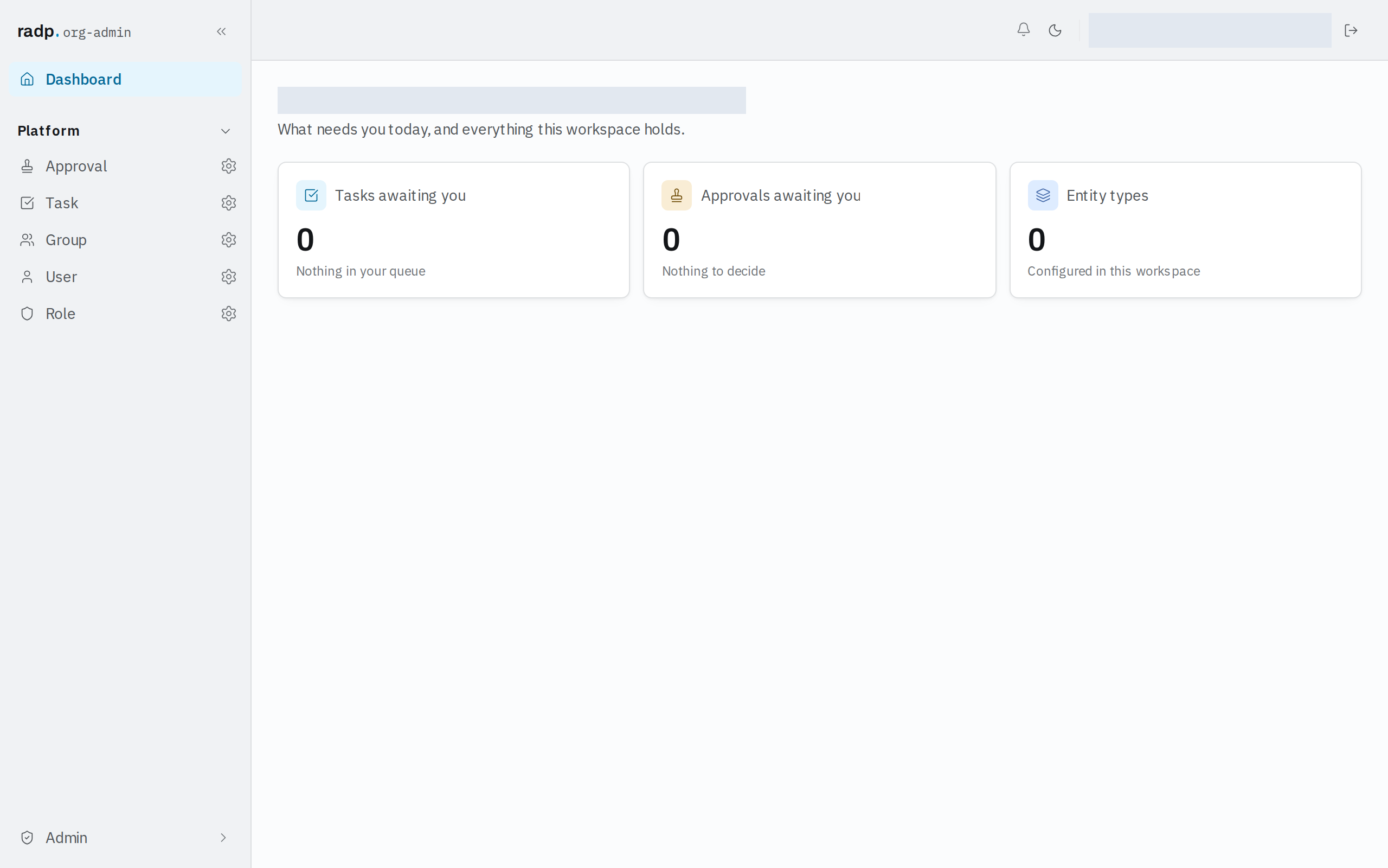 The Dashboard, with Tasks awaiting you, Approvals awaiting you and Entity types cards